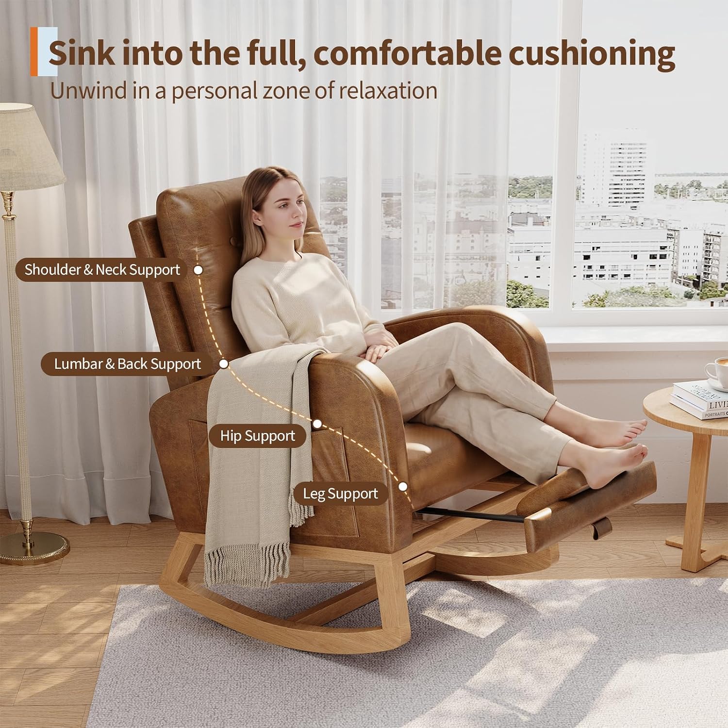 GarveeHome Nursery Rocking Chair with Adjustable Footrest, PU Leather Upholstery, Sturdy Wooden Legs & High Backrest, Comfortable Glider Rocking Chair for Living Room or Bedroom, Orange