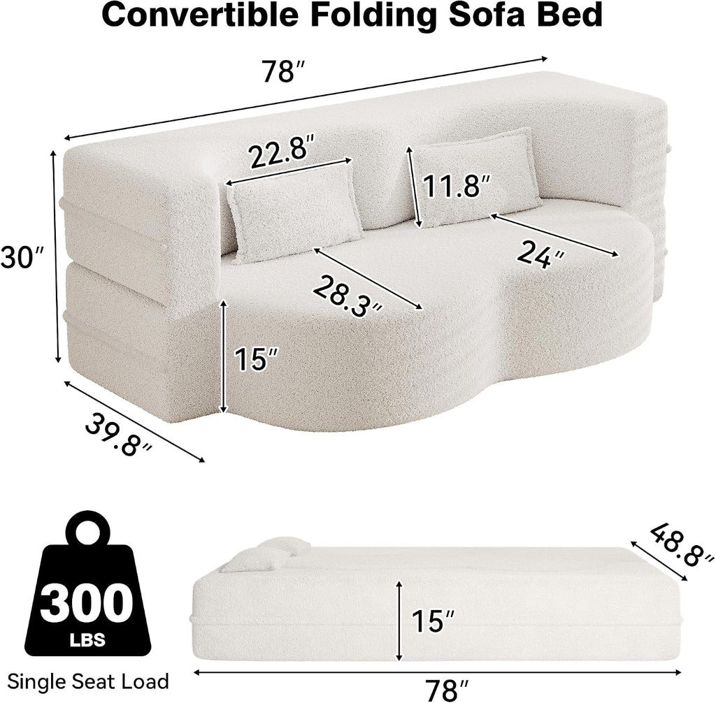 78' Twin Size Convertible Folding Sleeper Sofa Bed, Modern Teddy Fabric Futon Sofa Bed with Pillow, Foam Mattress Loveseat Cloud Couch, No Assembly Floor Couches for Living Room, Apartment, Beige