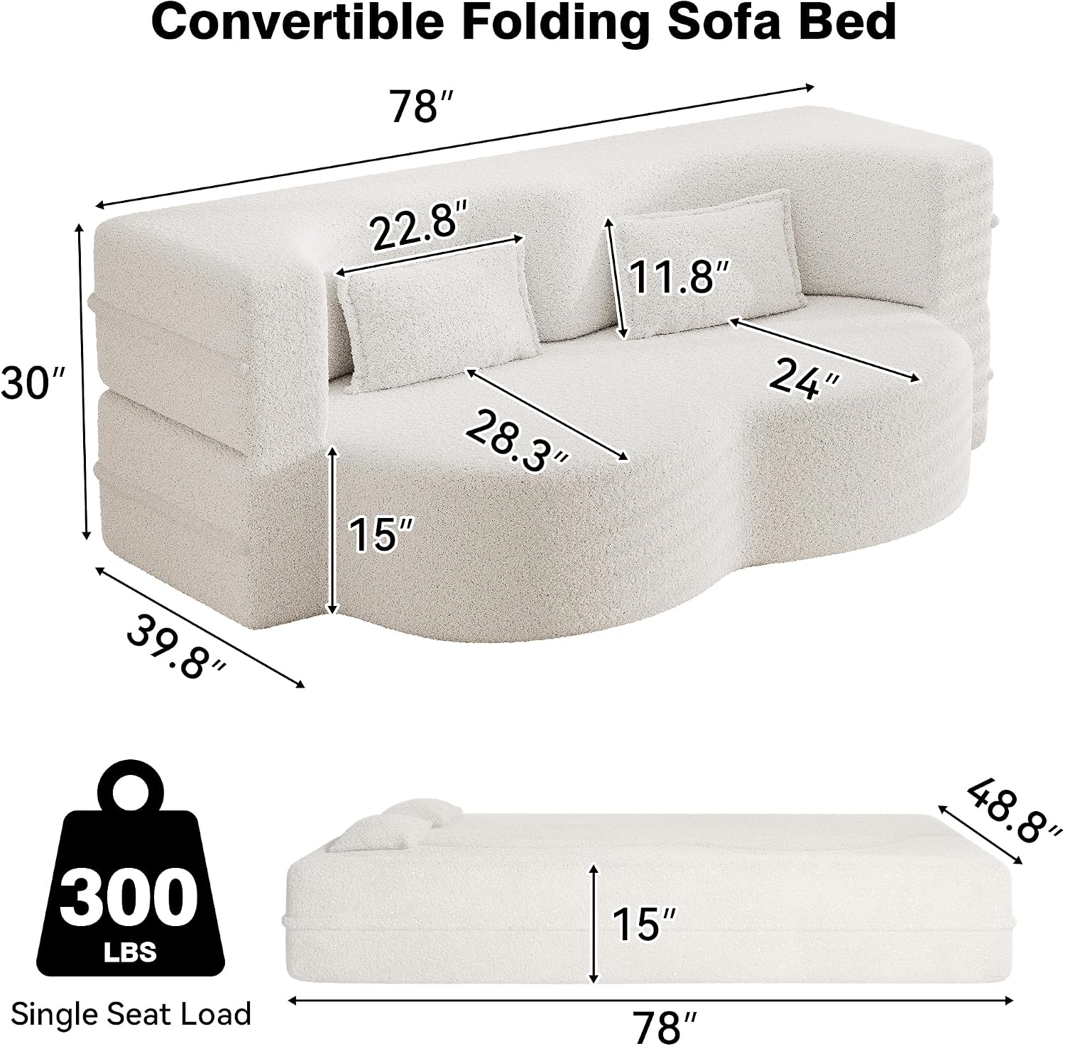 78' Twin Size Convertible Folding Sleeper Sofa Bed, Modern Teddy Fabric Futon Sofa Bed with Pillow, Foam Mattress Loveseat Cloud Couch, No Assembly Floor Couches for Living Room, Apartment, Beige
