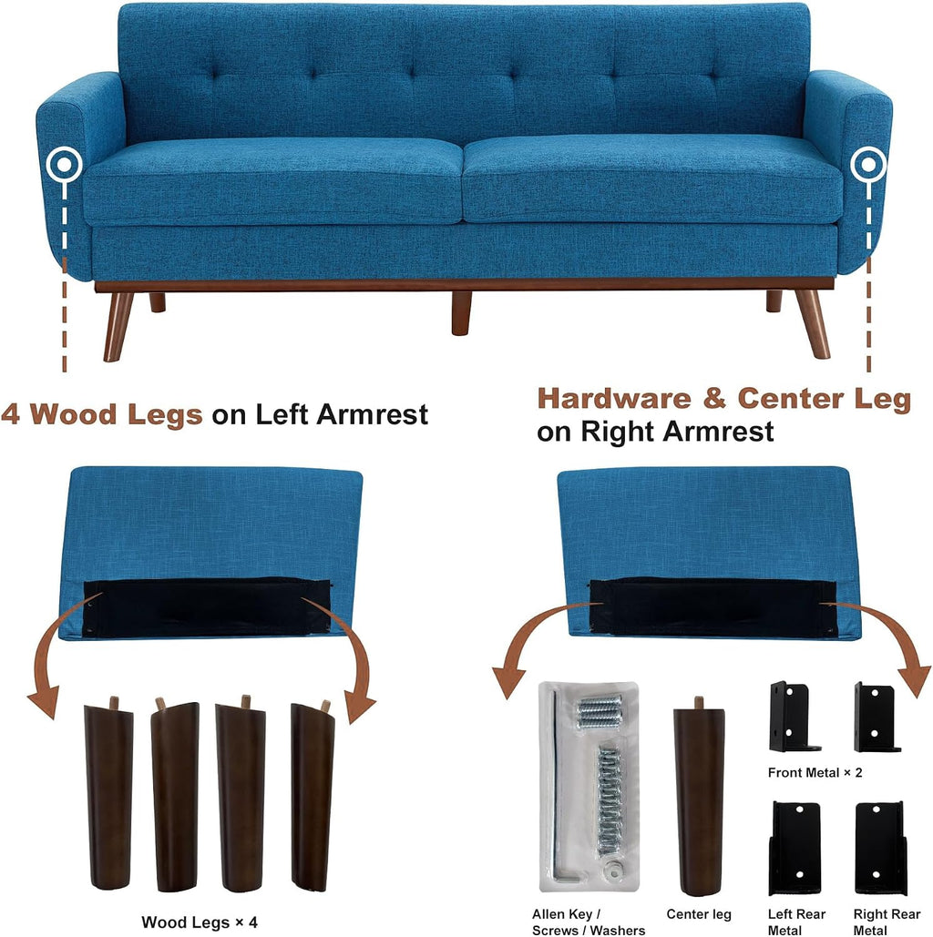 Kingfun 77.2' W Loveseat Sofa, Mid Century Modern Decor Love Seat Couches for Living Room, Button Tufted Upholstered Furniture, Solid & Easy to Install Small Couch for Bedroom Office Apartment, Blue