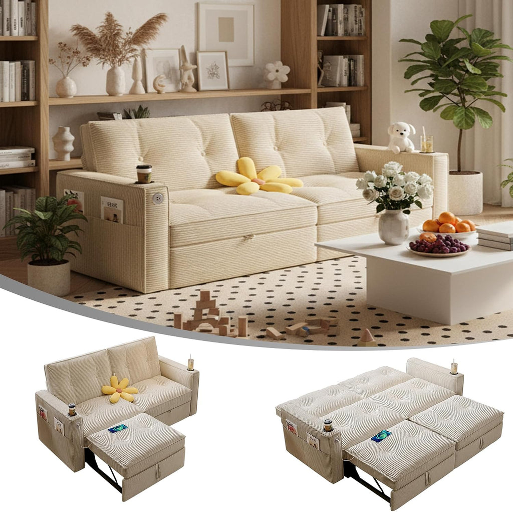 Queen Sofa Bed,Convertible Loveseat Sleeper Sofas,Couch with Pull Out Bed,Pullout Couch Bed for Small Space,Queen Sleeper Sofa Couches for Living Room,Apartment & Guest Room Beige | USB Port, Cup Holder