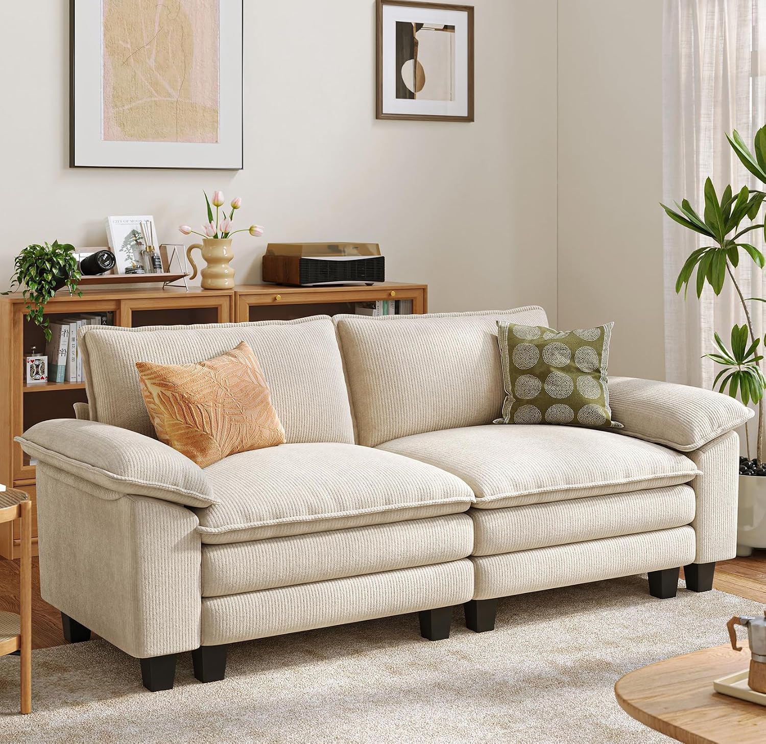 LINSY HOME 90' Modular Cloud Love Seat Sofa, Corduroy Soft Sectional Couch, Modern Comfy Love Seat, Perfect for Living Room, Apartment, Office, Beige