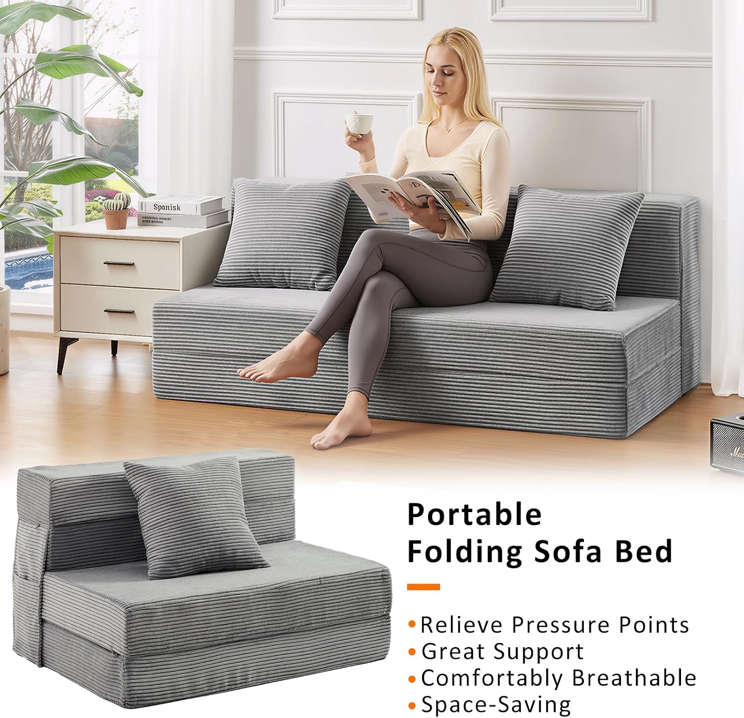 JKMAX Twin Size Folding Sofa Bed - 4 in 1 Convertible Sleeper Chair with Pillow - High Density Memory Foam Futon Couch - Foldable Bed for or Living Room Bedroom (Dark Grey)
