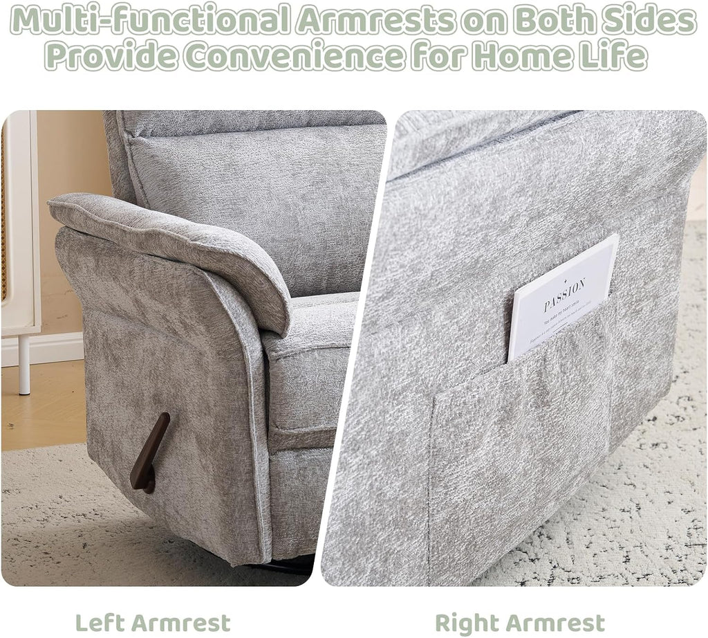 Swivel Rocker Recliner with Adjustable Headrest,Upholstered Glider Rocker Recliner with Overstuffed Armrest,Manual Recliner Nursery Chair for Living Room,Light Grey