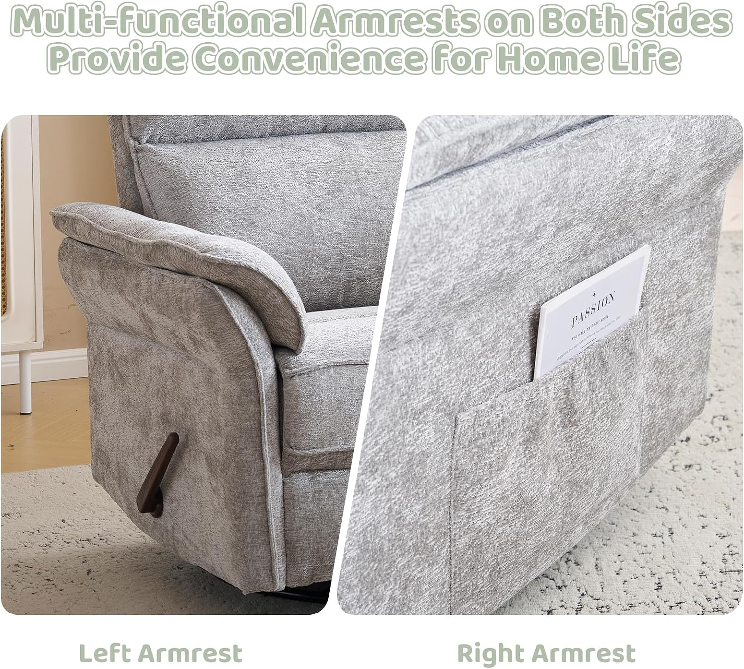 Swivel Rocker Recliner with Adjustable Headrest,Upholstered Glider Rocker Recliner with Overstuffed Armrest,Manual Recliner Nursery Chair for Living Room,Light Grey