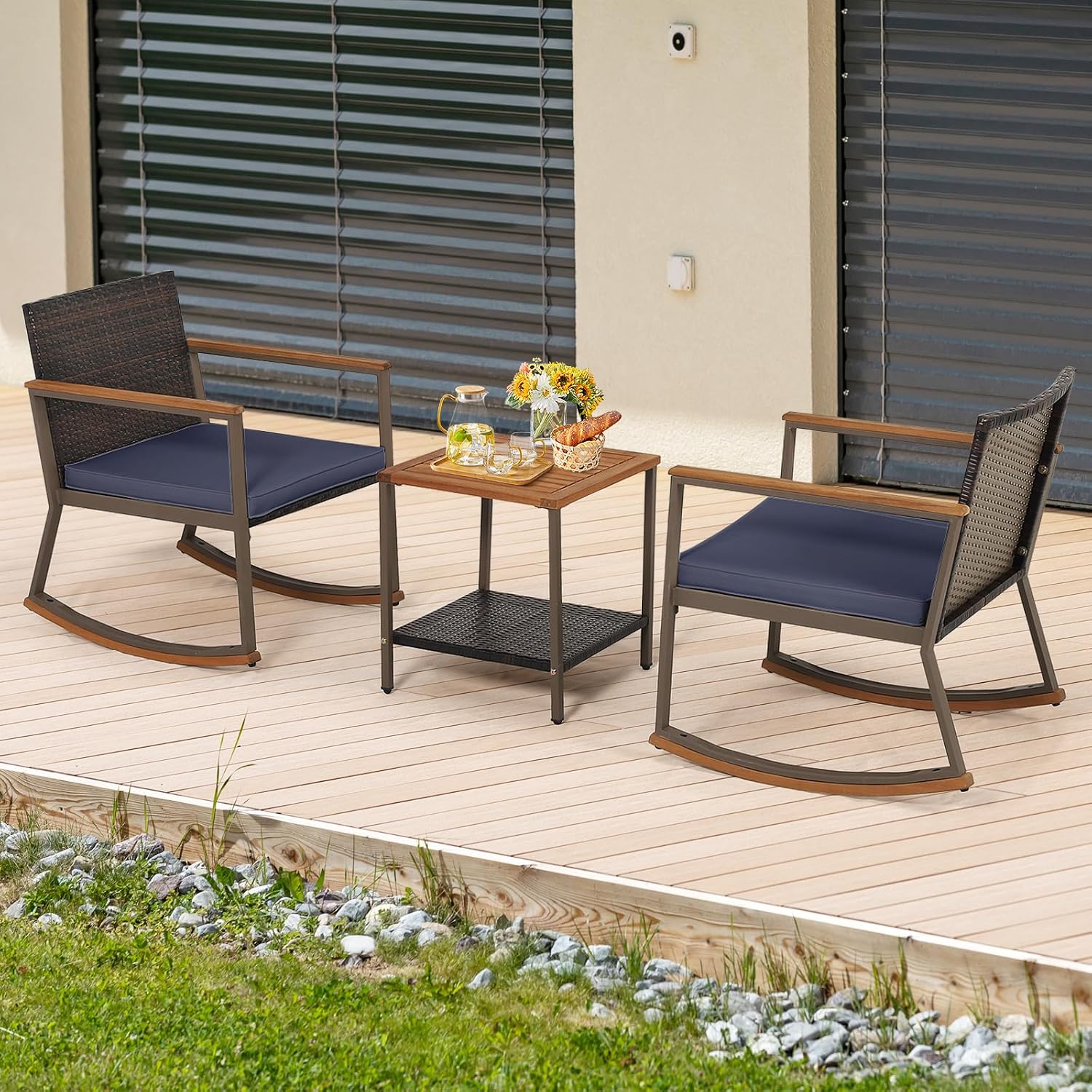 Outdoor Rocking Chair Set, 3 Pieces Patio Set with Rocking Chair, Coffee Table & Cushions, Patio Wicker Furniture Set for Balcony, Porch & Backyard (Navy Blue)