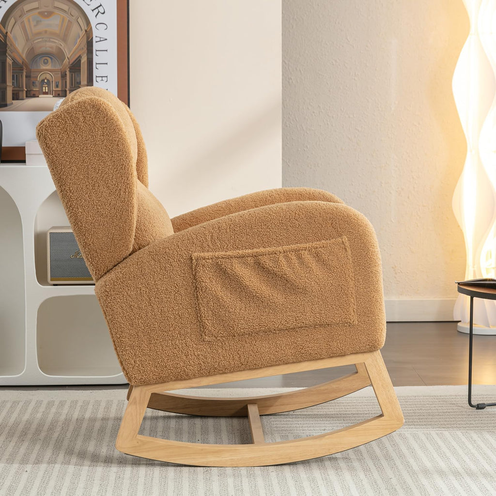 Cloud Rocking Chair Nursery, Comfy Glider Nursery Chair with Foot Rest, Upholstered Rocker, Modern Accent Reading Armchair with Solid Wood Base for Living Room, Bedroom (40' Khaki)