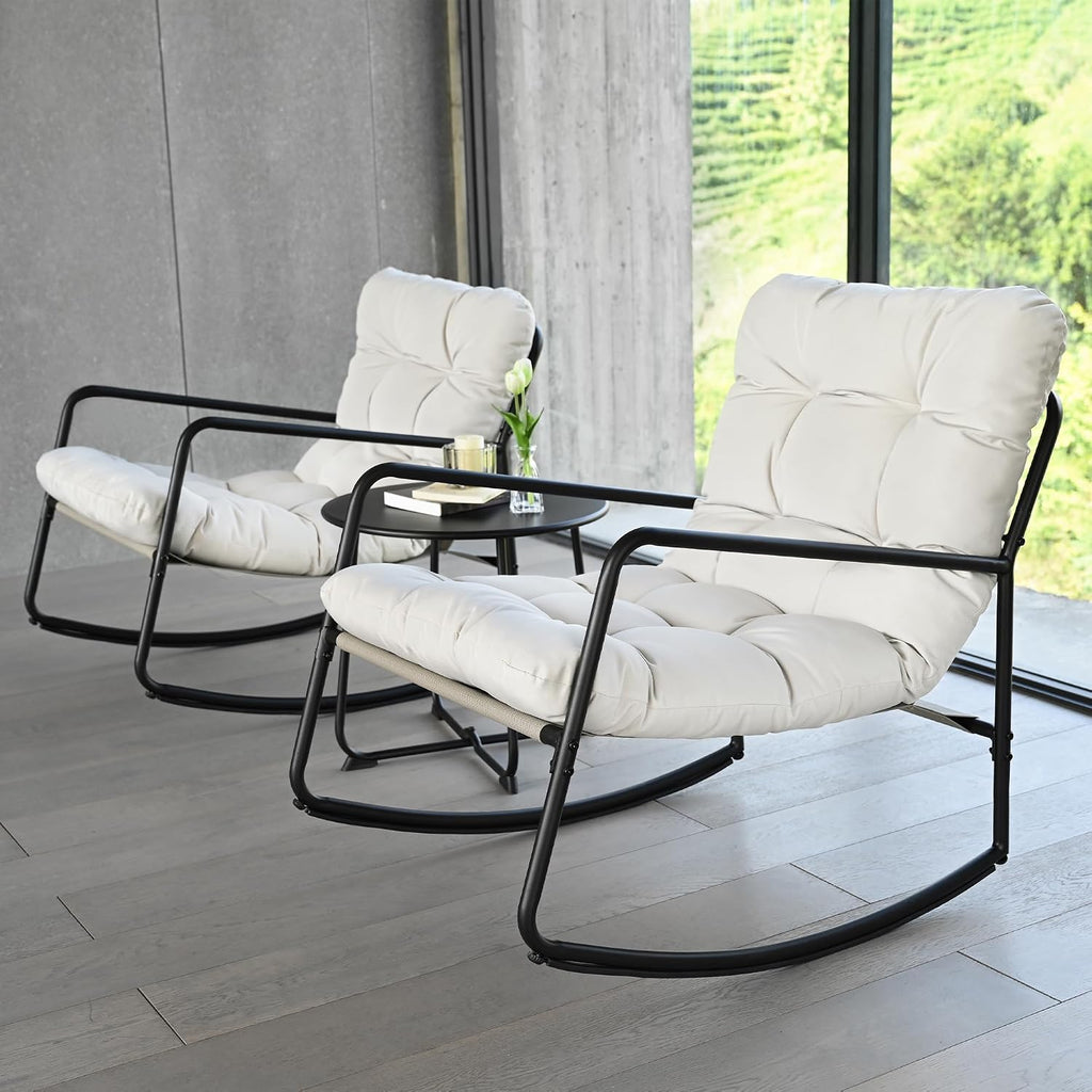 3-Piece Outdoor Rocking Chair Set with Side Table, Comfy Papasan Patio Lounge Chair, Metal Patio Bistro Furniture with Thick Cushions for Porch, Garden, Living Room (Beige)