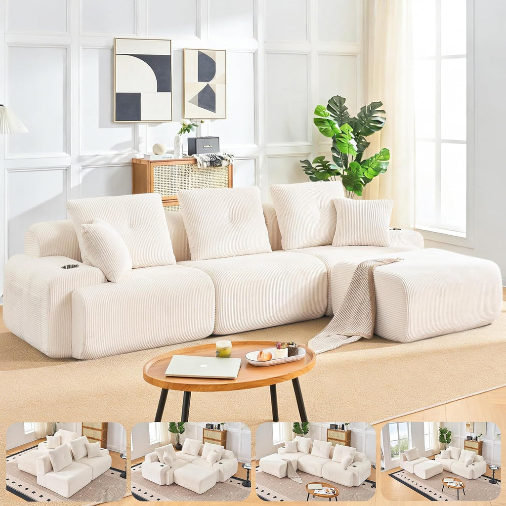118' Modular Sectional Sofa with Cup Holders, Modern Boneless Sectional Couch with Side Storage Pockets and Movable Ottoman, Oversized L-Shape Couch for Living Room Bedroom, Apartments, White