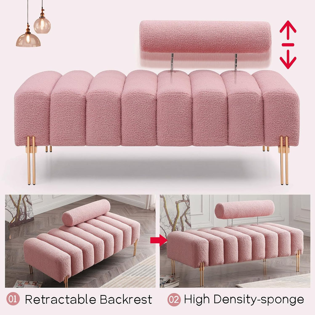 NIOIIKIT 53.2' Modern Loveseat Sofa Couch, Upholstered Accent Sofa with Golden Legs and Adjustable Backrest, Small Teddy Fleece Couches for Bedroom, Living Room, Compact Small Space (Pink Teddy)