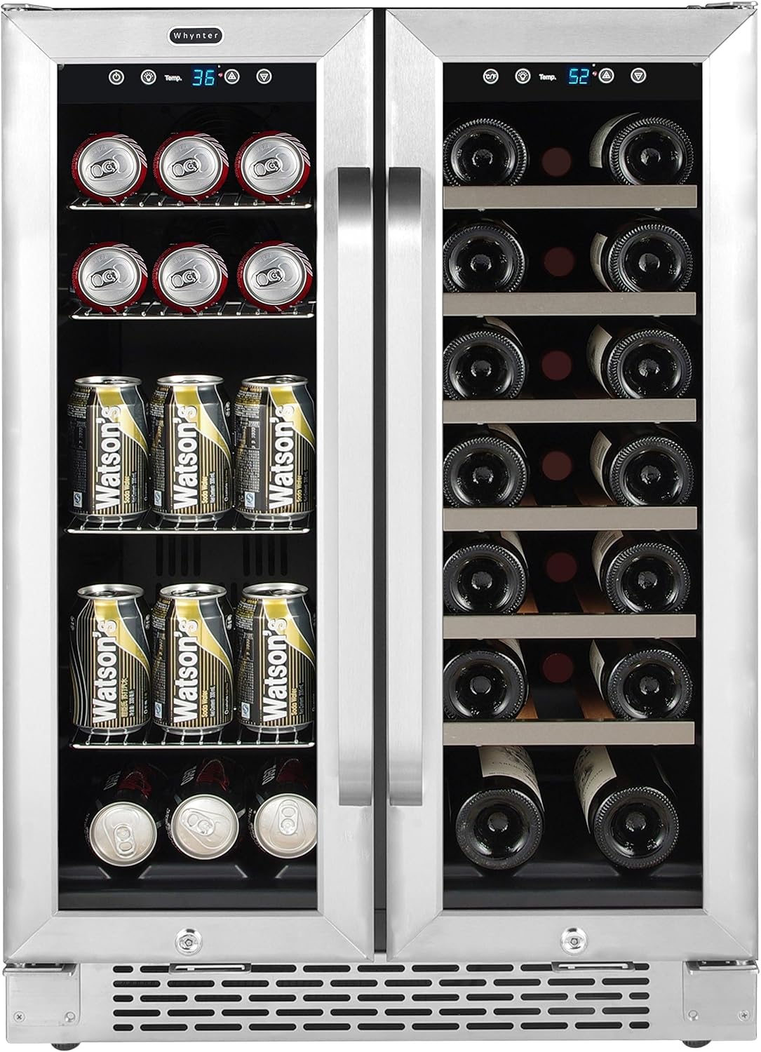 Whynter Cooler BWB-2060FDS Built-in French Door 20 Bottle Wine Refrigerator 69 Can Beverage Center, Stainless Steel, 24' Wide Dual Zone, Silver