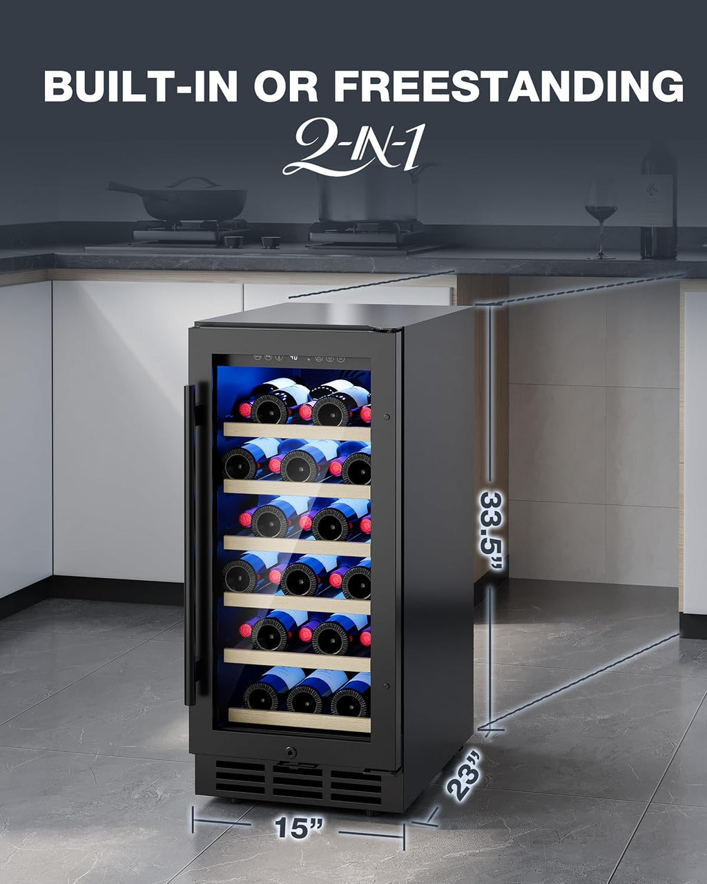 15 Inch Under Counter Wine Fridge, 29 Bottles Wine Cooler Refrigerator with Double-Layer Glass Door, Small Wine Fridge for Built-In or Freestanding with Removable Shelves, for Home, Office (Black)