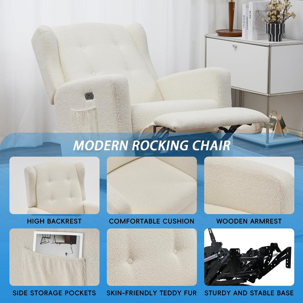 Swivel Rocker Power Recliner Chair for Nursery, 270° Swivel Glider Recliner with USB & Type-C Charging, Electric Reclining Chair with Storage Pockets, Upholstered Recliner for Living Room(Teddy Beige)