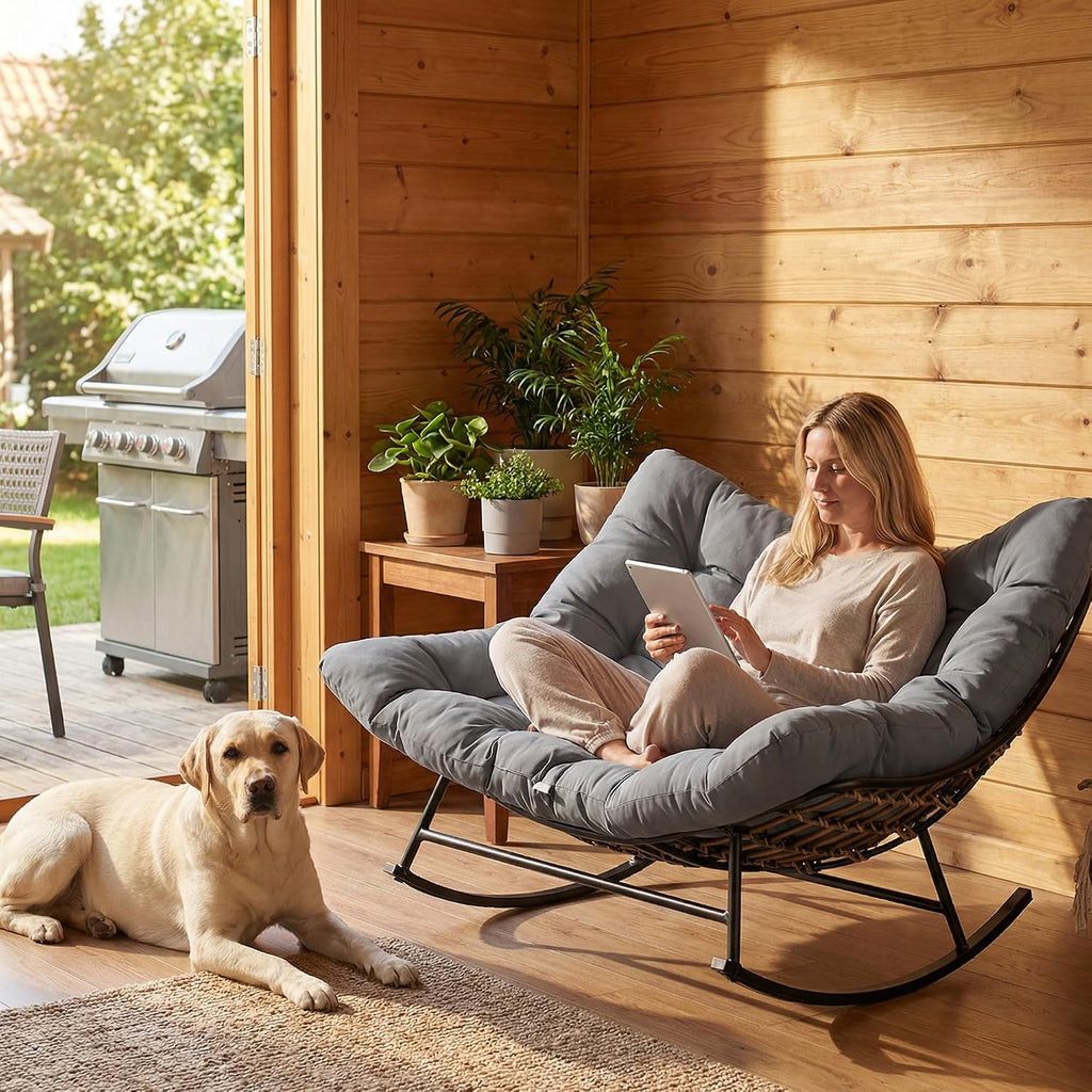 COSIEST Oversized Papasan Rocking Chair with Extra Thick Cushion - 45 in Rattan Wicker Egg Chair for Indoor/Outdoor Use, Swivel Lounge Chair for Patio, Living Room, Bedroom, Grey