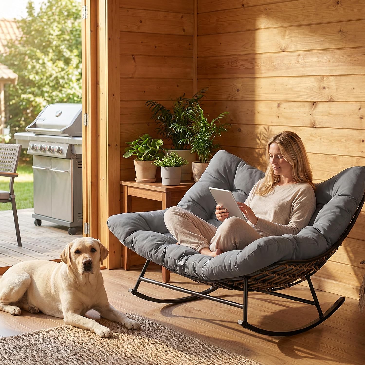 COSIEST Oversized Papasan Rocking Chair with Extra Thick Cushion - 45 in Rattan Wicker Egg Chair for Indoor/Outdoor Use, Swivel Lounge Chair for Patio, Living Room, Bedroom, Grey