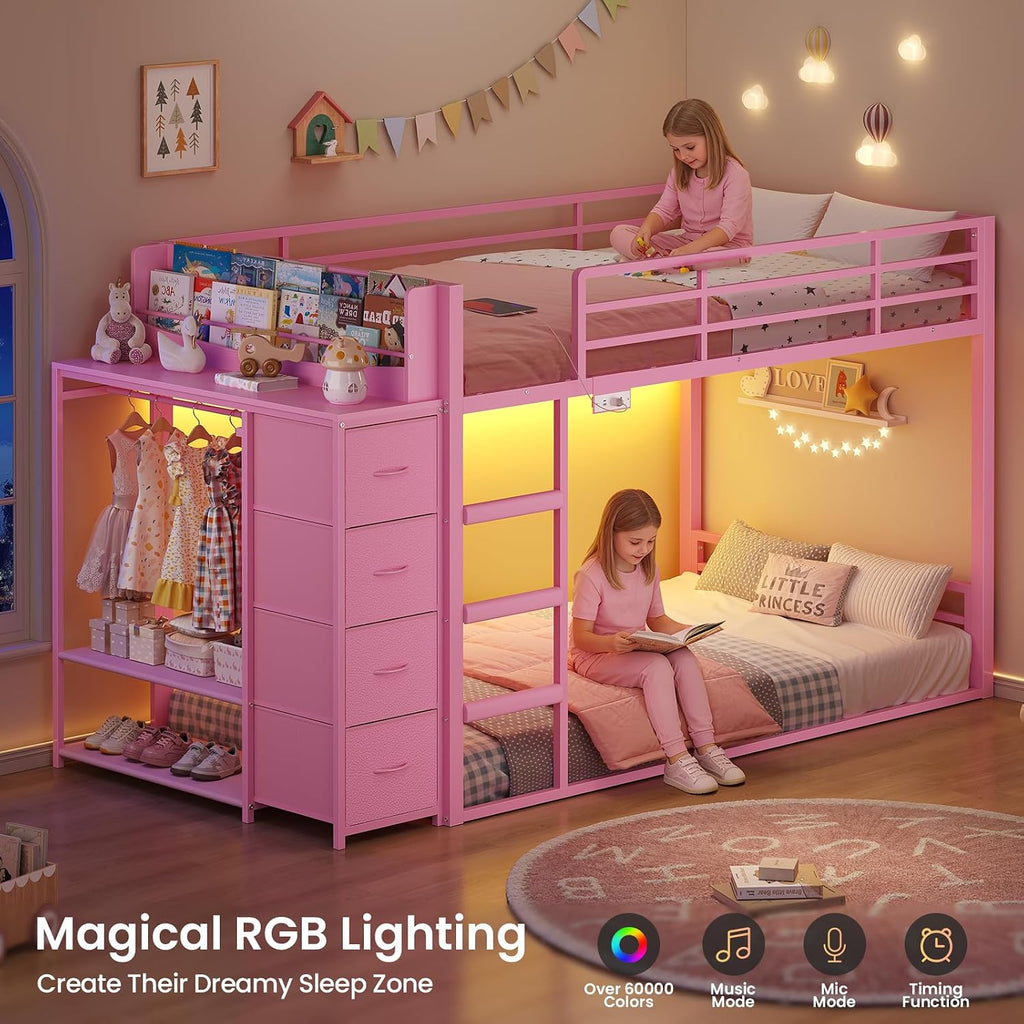 ADORNEVE Low Bunk Bed Twin Over Twin with Bookshelf, 4 Storage Drawers, Metal Kids Bunk Bed with Charging Station & RGB Lights, Clothing Rack & Shelves, Safety Guardrail & Ladder, for Girls, Pink