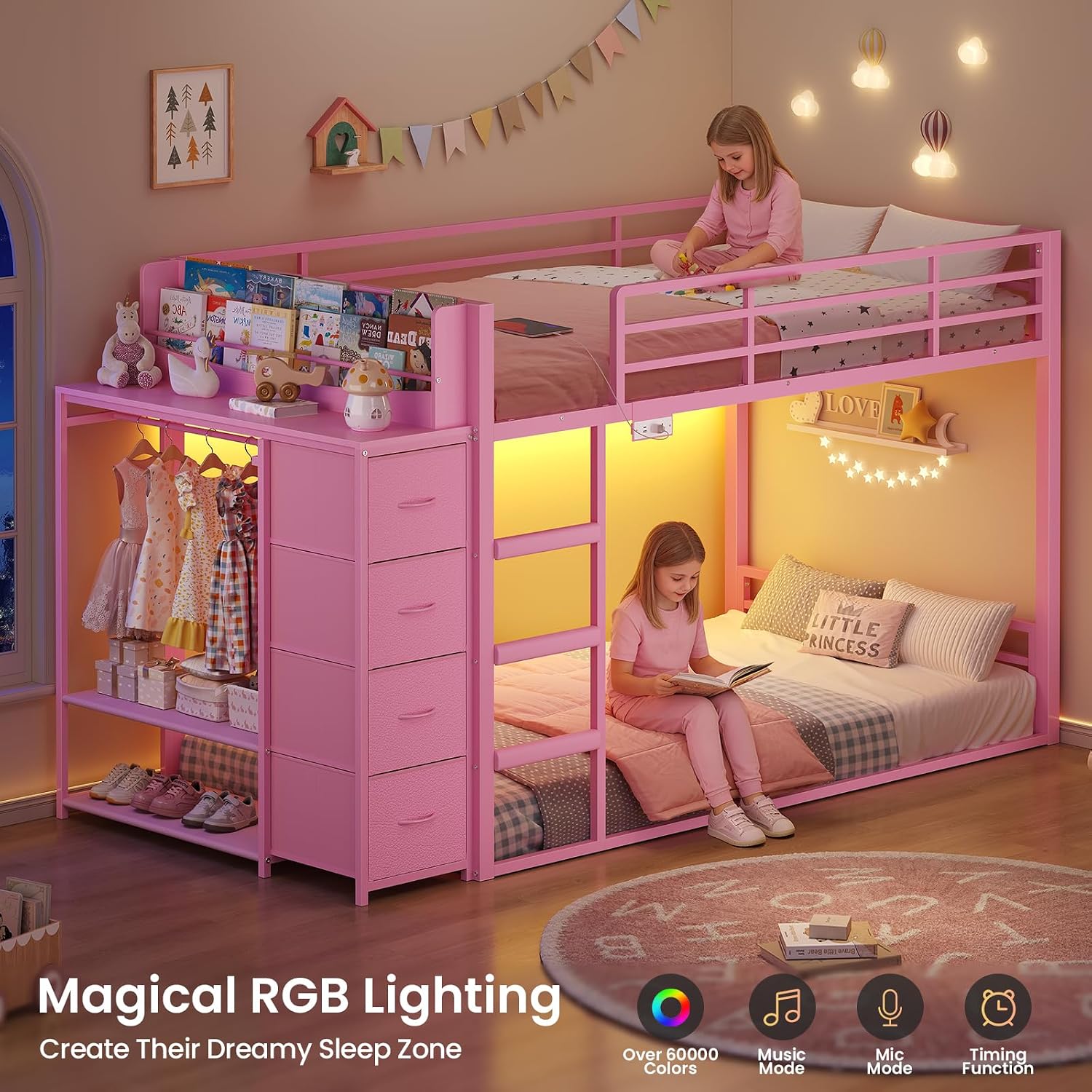ADORNEVE Low Bunk Bed Twin Over Twin with Bookshelf, 4 Storage Drawers, Metal Kids Bunk Bed with Charging Station & RGB Lights, Clothing Rack & Shelves, Safety Guardrail & Ladder, for Girls, Pink