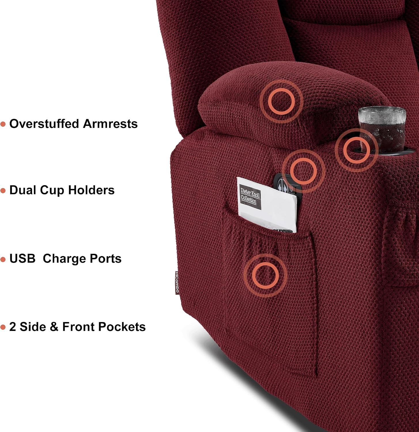 MCombo Zero Gravity Power Loveseat Sofa, Heat and Massage, Reclining Loveseat for Living Room, Fabric 6035SET (Burgundy, Loveseat)