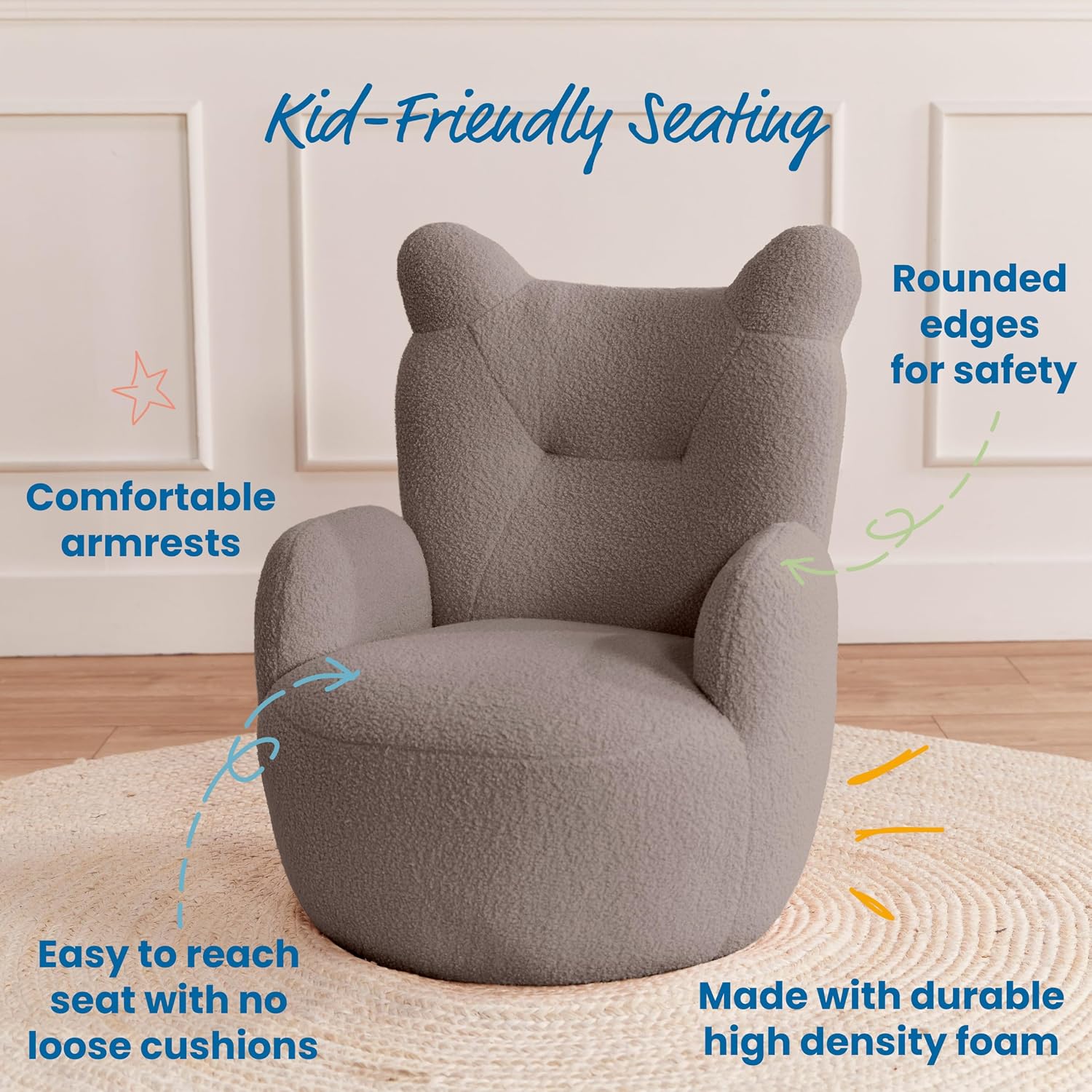 ECR4Kids Teddy Bear Sherpa Toddler Chair, 14in Seat Height, Kids Furniture, Grey