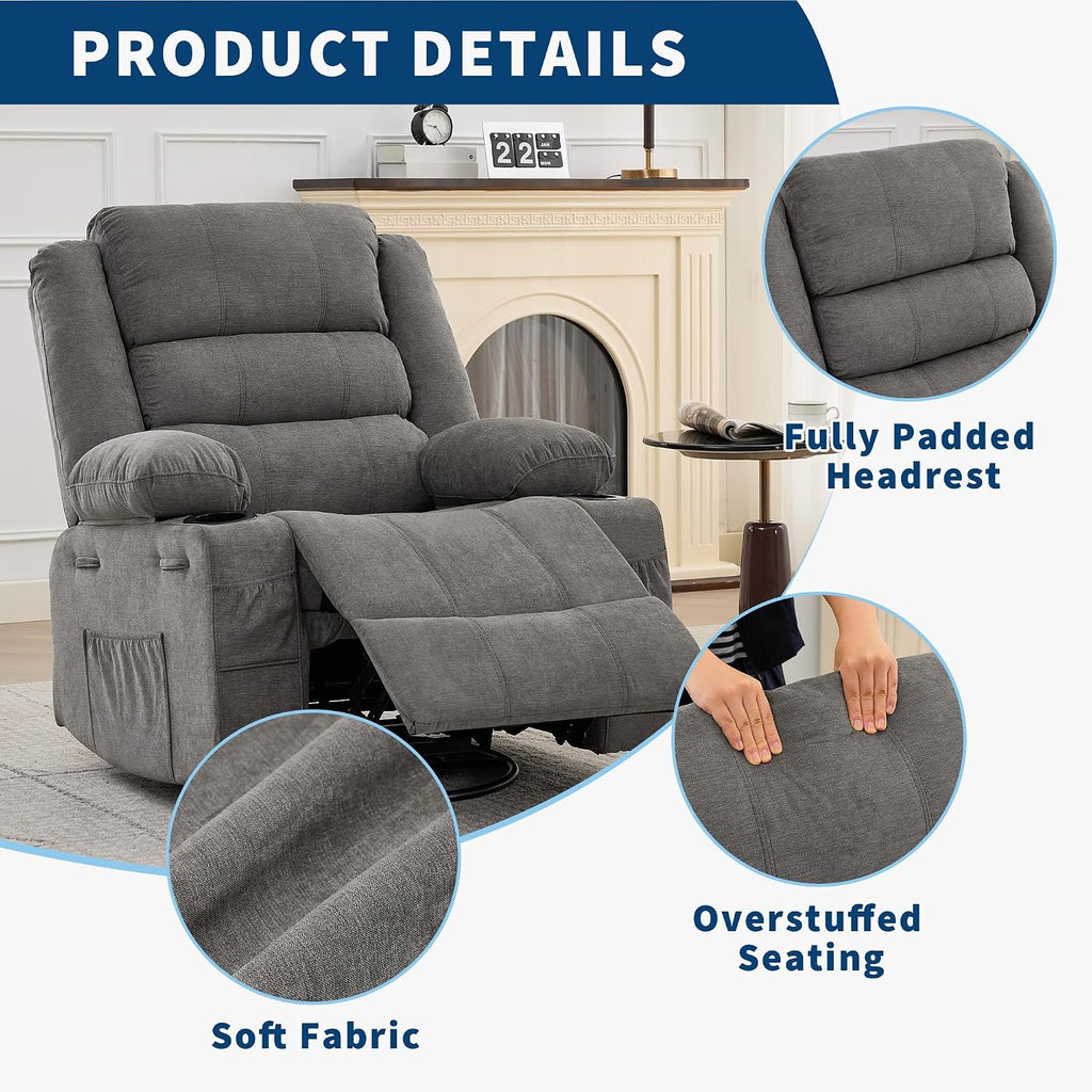 360° Swivel Recliner Chair for Adult, Linen Rocker Chair with 3 Positions/2 Side Pockets/Cup Holders, Manual Nursery Glider Rocking Chair for Bedroom Living Room Office
