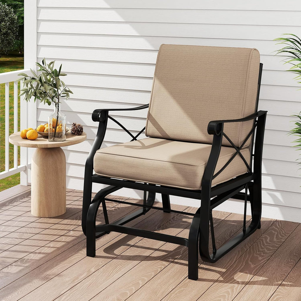 Giantex Outdoor Glider Rocking Chair, Patio Glider with Thick Removable Seat and Back Cushion, Non-Slip Foot Pads, Heavy-Duty Metal Frame, Outdoor Swing Rocking Chairs for Porch, Garden, Yard, Lawn