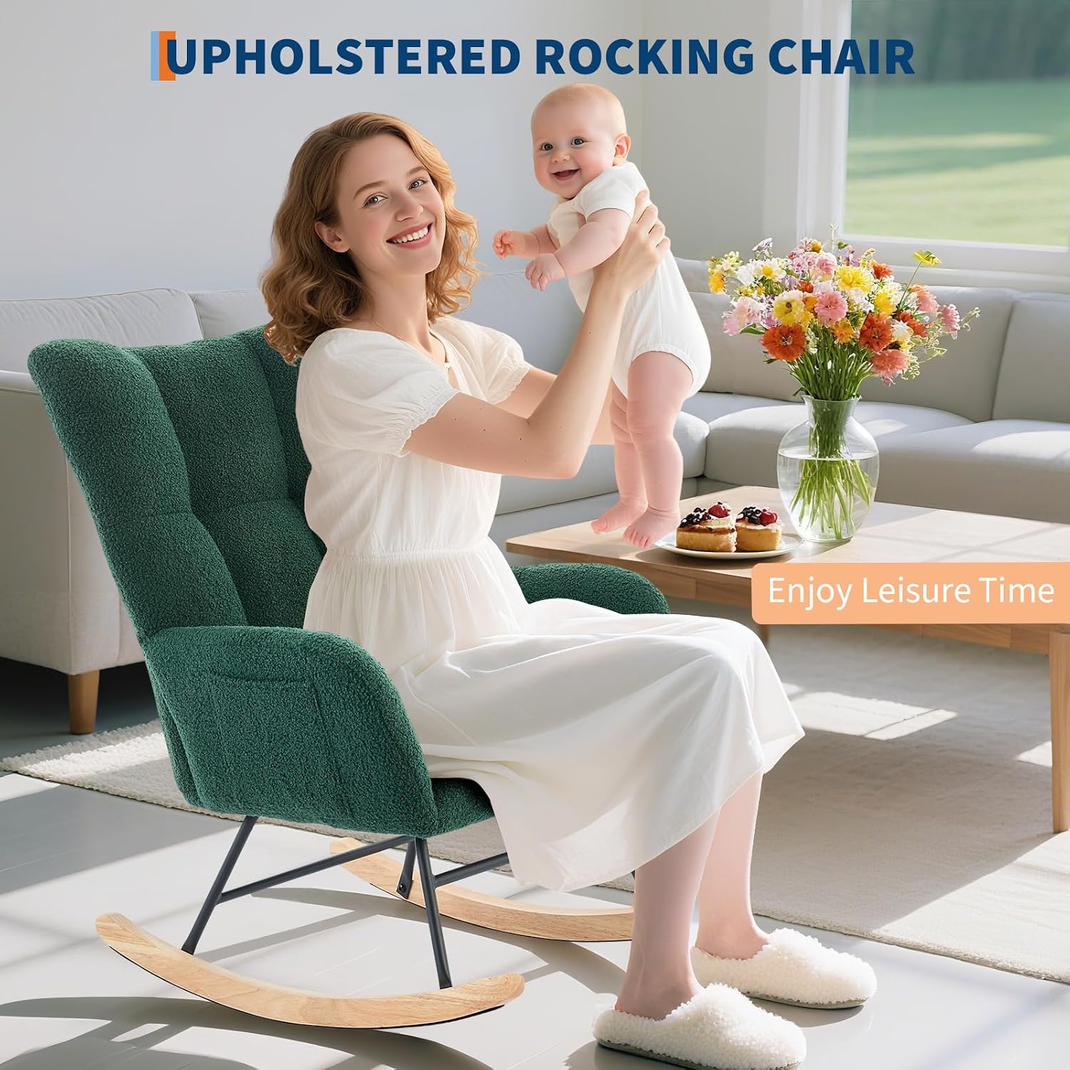 Rocking Chair Nursery Teddy, Upholstered Baby Fluffy Glider Rocker for Adults Small Spaces Indoor,Nursing Chairs for Living Room, Bedroom