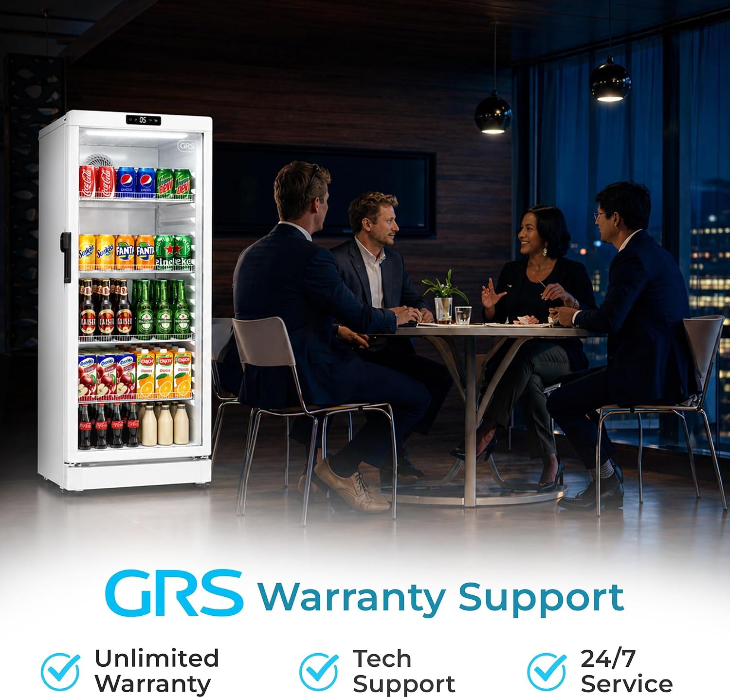 GRS Commercial Display Refrigerator with Glass Door Lock | Cool Air Flow & Temperature | Beverage fridge, Drink and Wine Cooler with Adjustable Display Shelf for Stores and Bars | Silver, 7.1 Cu. Ft