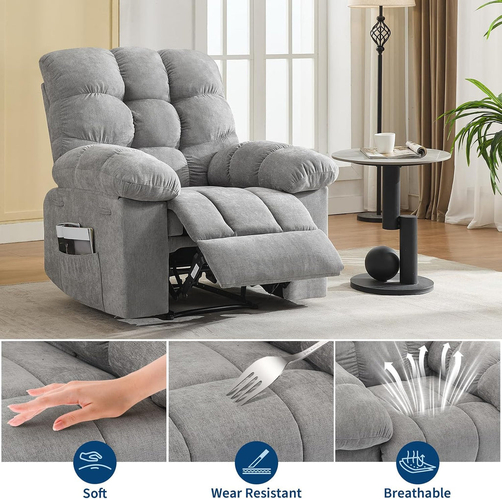 21.4in Wide Rocking Recliner Chair,Massage & Heat Function, Ergonomic Breathable Fabric with 2 Side Pockets & Remote for Living Room/Bedroom