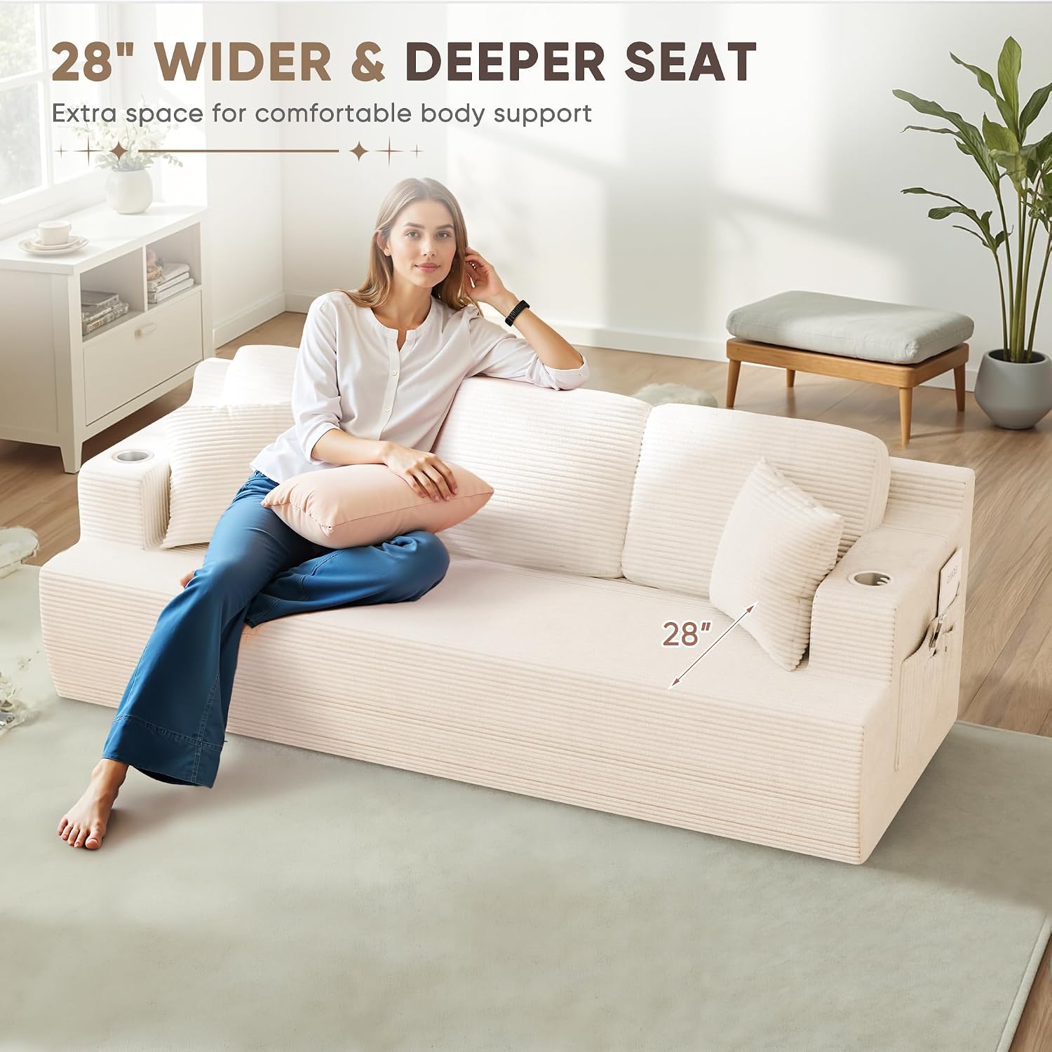 Homall 87' Boneless Sofa Couch with 2 Pillows Extra Deep Seats, Corduroy Fabric 3 Seater with Cup Holder & Storage Pocket Upholstered Floor Easy Installation (White, 3 Seater)