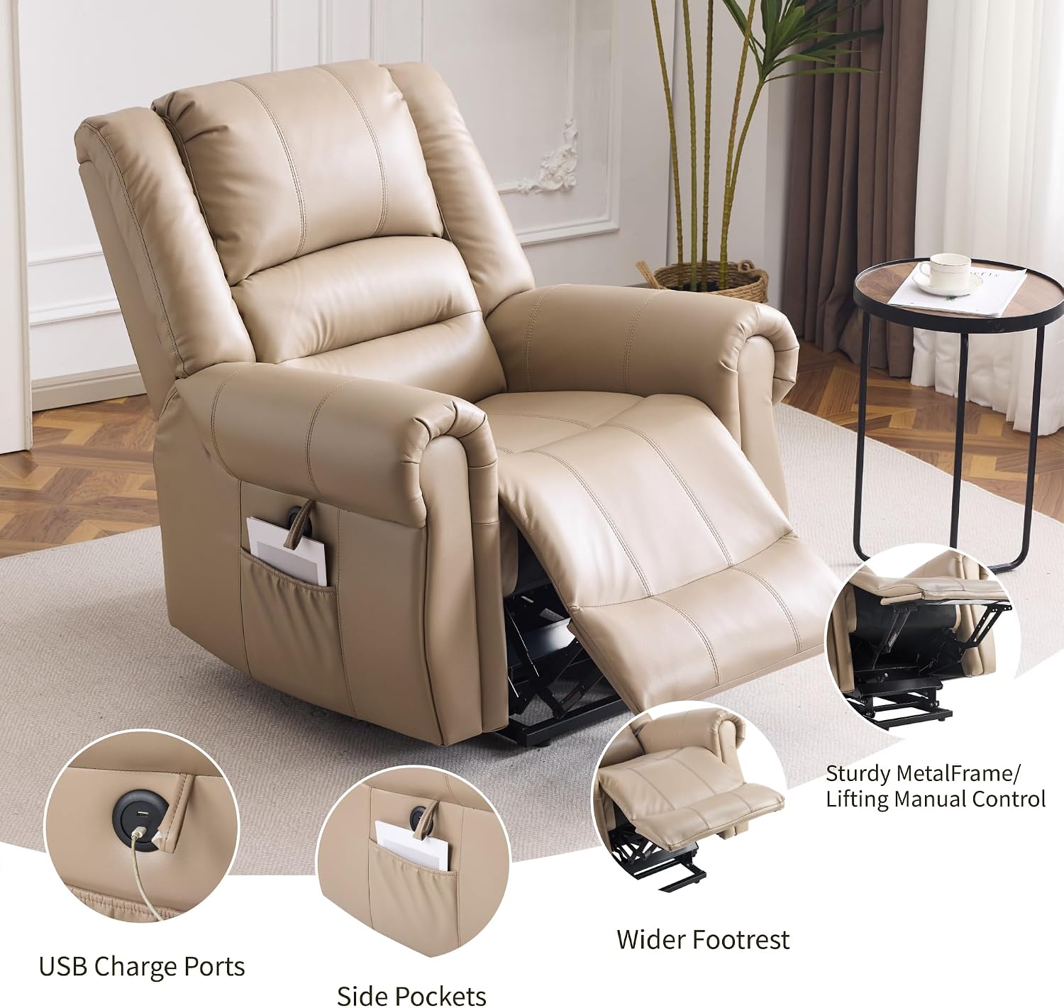 FLEXISPOT Power Lift Recliner Chair for Elderly with Massage & Heat, Faux Leather Electric Reclining Chair for Seniors with USB Ports, Cup Holders & Side Pockets(Medium Size,Light Brown