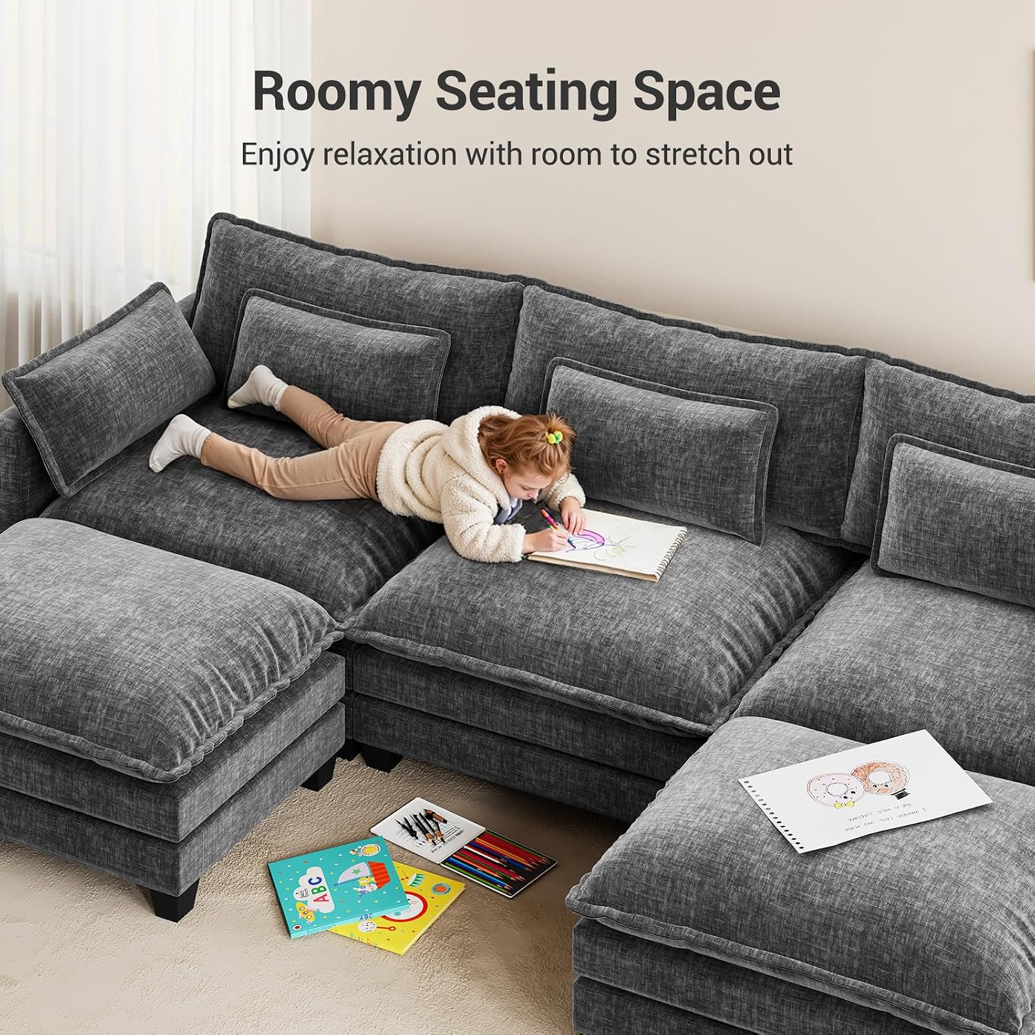Pipishell 110.6' Modular Sectional Sofa, U Shaped Cloud Couch with Movable Ottoman, 5-Seat Chenille Deep Seat Cloud Modular Sectional Sofa with Throw Pillows for Living Room & Apartment, Grey