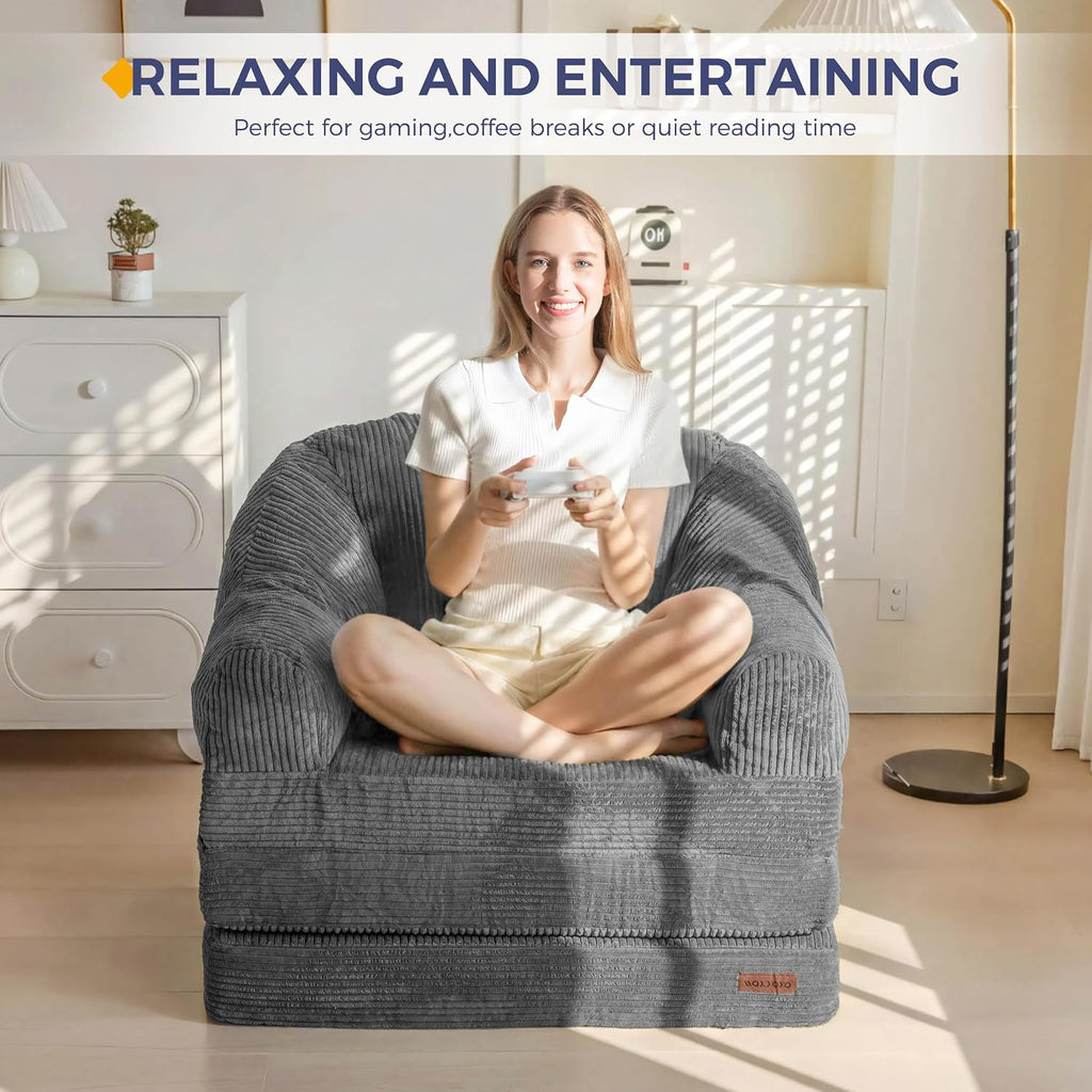 MAXYOYO Folding Sofa Bed with Backrest, Boneless Fold Out Couch Bed with Handle, 2 in 1 Convertible Bean Bag Chair to Floor Sofa Lounger, Comfy Folding Couch for Bedroom & Living Room, Dark Grey