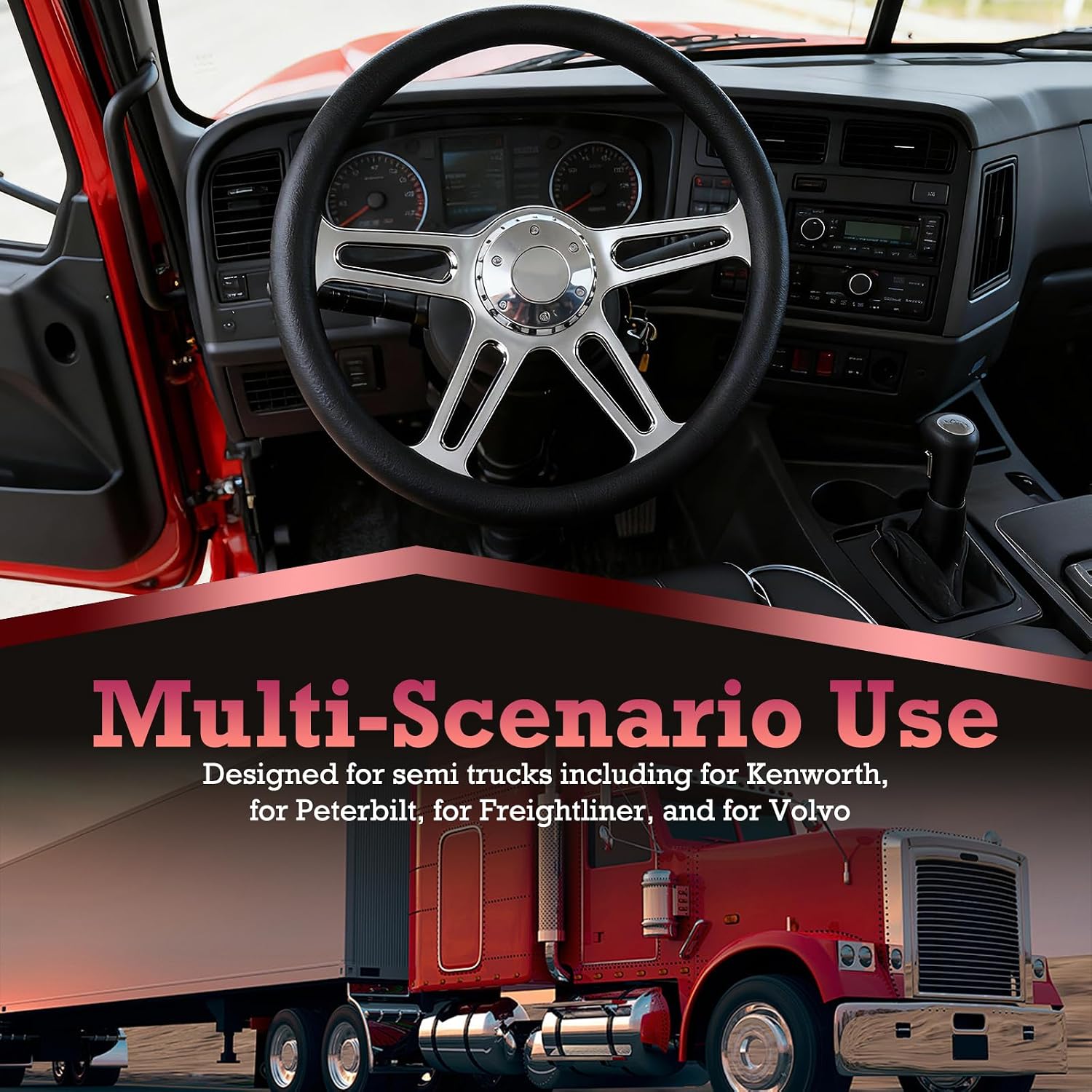 18' Truck Steering Wheel 5-Bolt 4-Spoke Design Chrome-Plated Aluminum Alloy,Deep Dish 50mm,Fit for Kenworth for Peterbilt for Freightliner for Volvo Trucks Steering Wheel (Black Leather Grip)