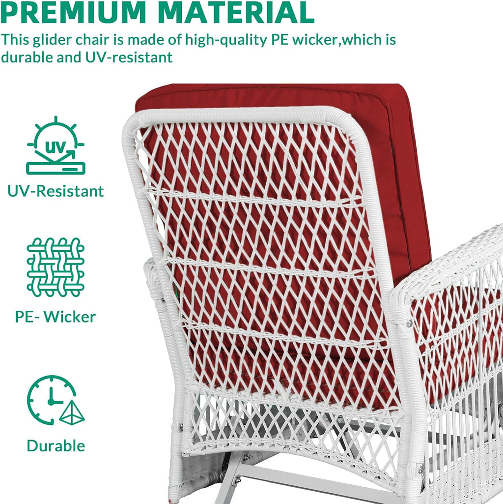 VIVIJASON 4-Piece Outdoor Patio White Wicker Conversation Sets, All Weather Rattan Furniture Set Includes Glider Loveseat, Coffee Table, 2 Glider Rocker Chairs w/Cushion for Lawn Balcony, Red