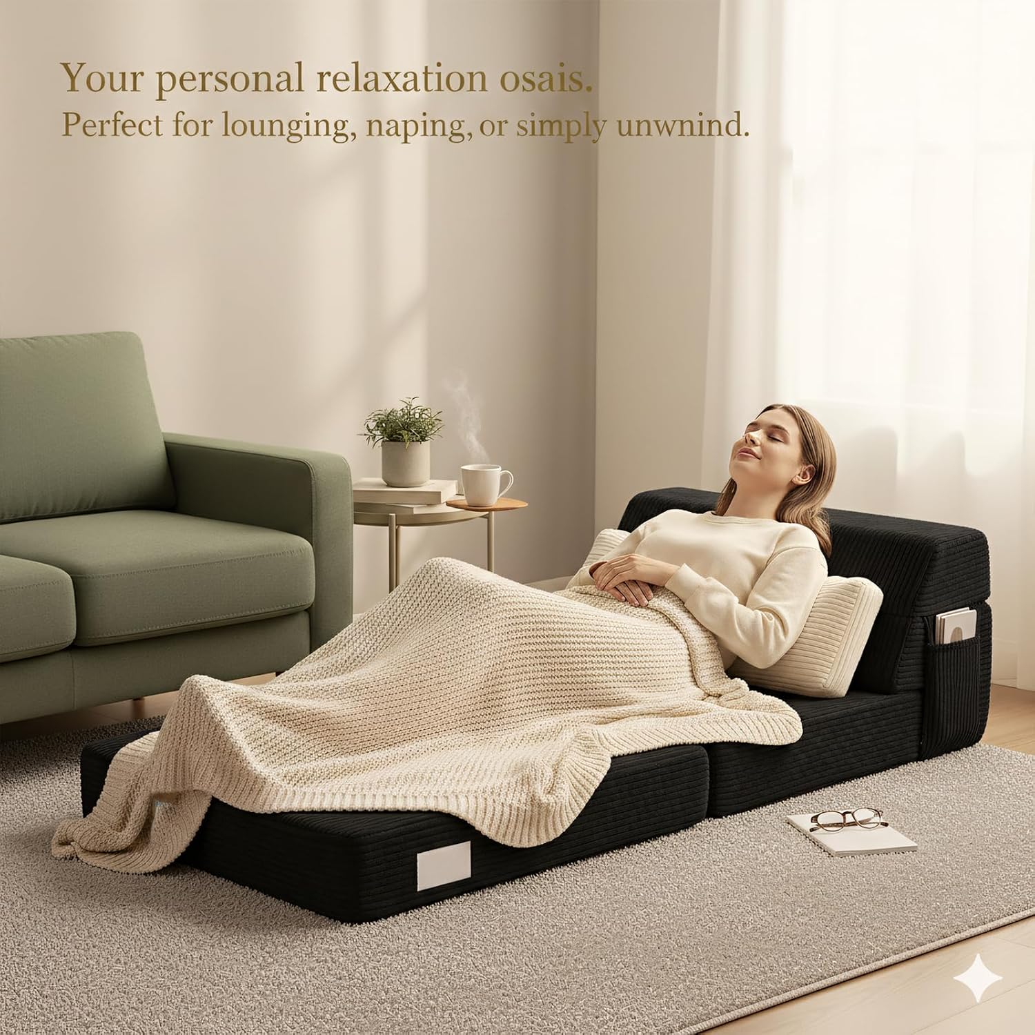 Folding Sofa Bed with Pillow, Convertible Sleeper Chair, Comfy Floor Futon Couch Mattress Lounge Sofa for Adults Portable Fold Out Chair Bed for Living Room Bedroom, Single, Black