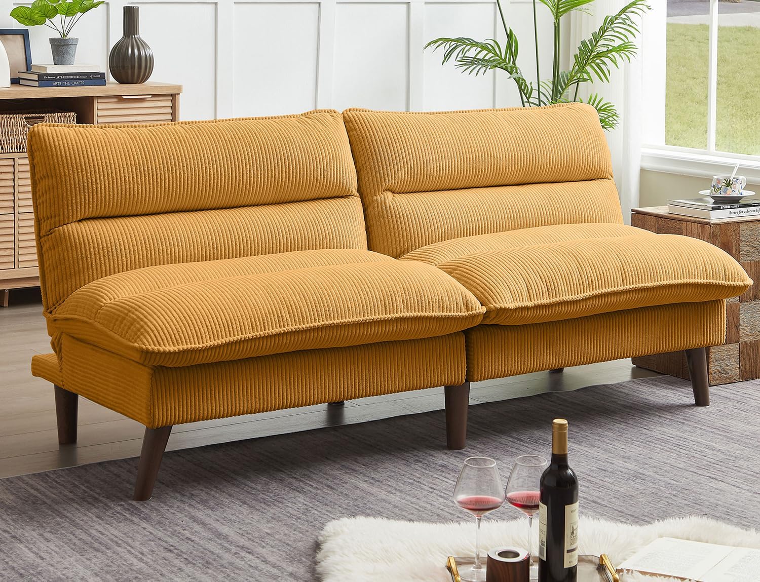 72' Futon Sofa Bed, Futon Couch with Adjustable Backrest, Recliner Small Loveseat for Living Room, Office, Apartment, Corduroy Loveseat, Yellow