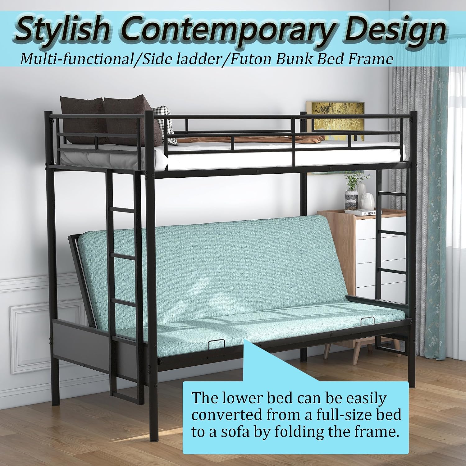 Anwick Twin-Over-Futon Convertible Couch and Bed, Metal Futon Bunk Bed with Guardrails and Ladder, Sturdy Steel Foldable Sofa-Bed for Kids Adults Teens (Twin Over Full Metal Bunk Bed, Twin)