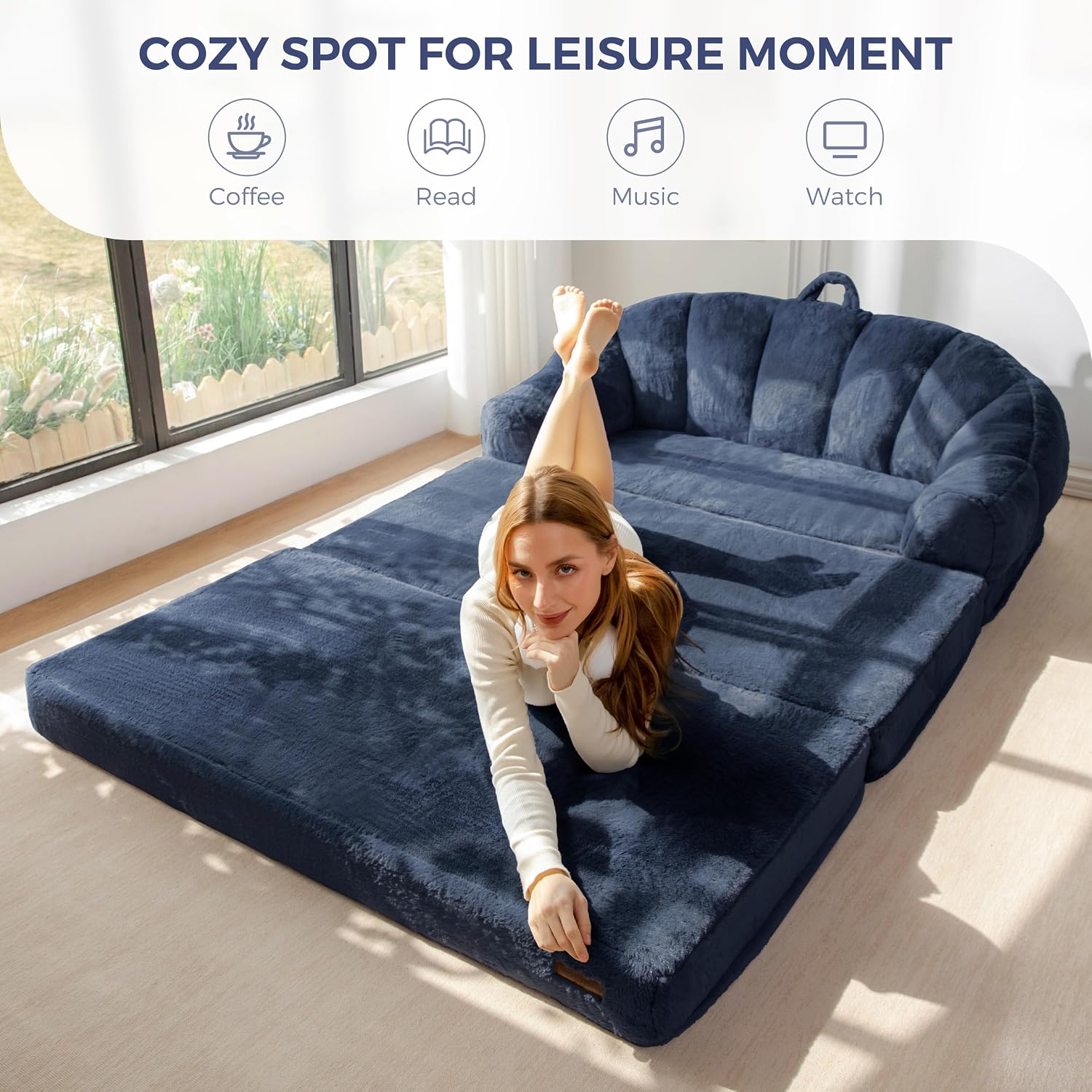 MAXYOYO Folding Sofa Bed, 2 in 1 Convertible Sofa to Lounger Comfy Loveseat Bean Bag Chair for Adults, Floor Sleeper Couch with Handle, Faux Fur Couch Bed for Living Room Bedroom, Navy, Loveseat