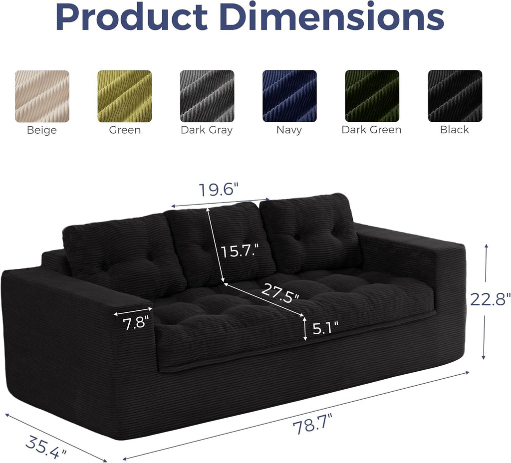 MAXYOYO 3-Seater Boneless Sofa Couch, Modern Sofa for Living Room, Soft Bean Bag Chair High-Density Foam Couch with Pillows, No Assembly Required