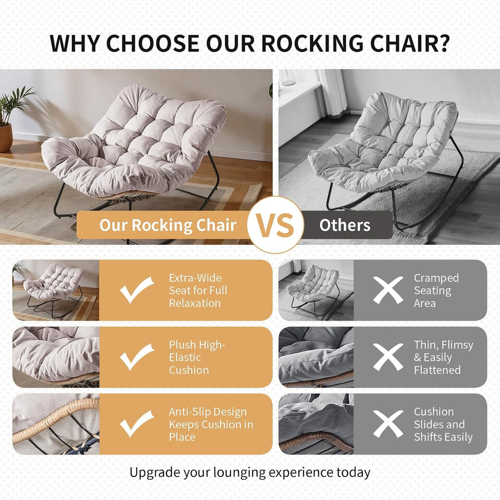 Outdoor Rocking Chair, Oversized Patio Papasan Wicker Chair with Cushion Indoor Egg Chair for Bedroom, Living Room, Porch, Garden, Lawn (Beige)