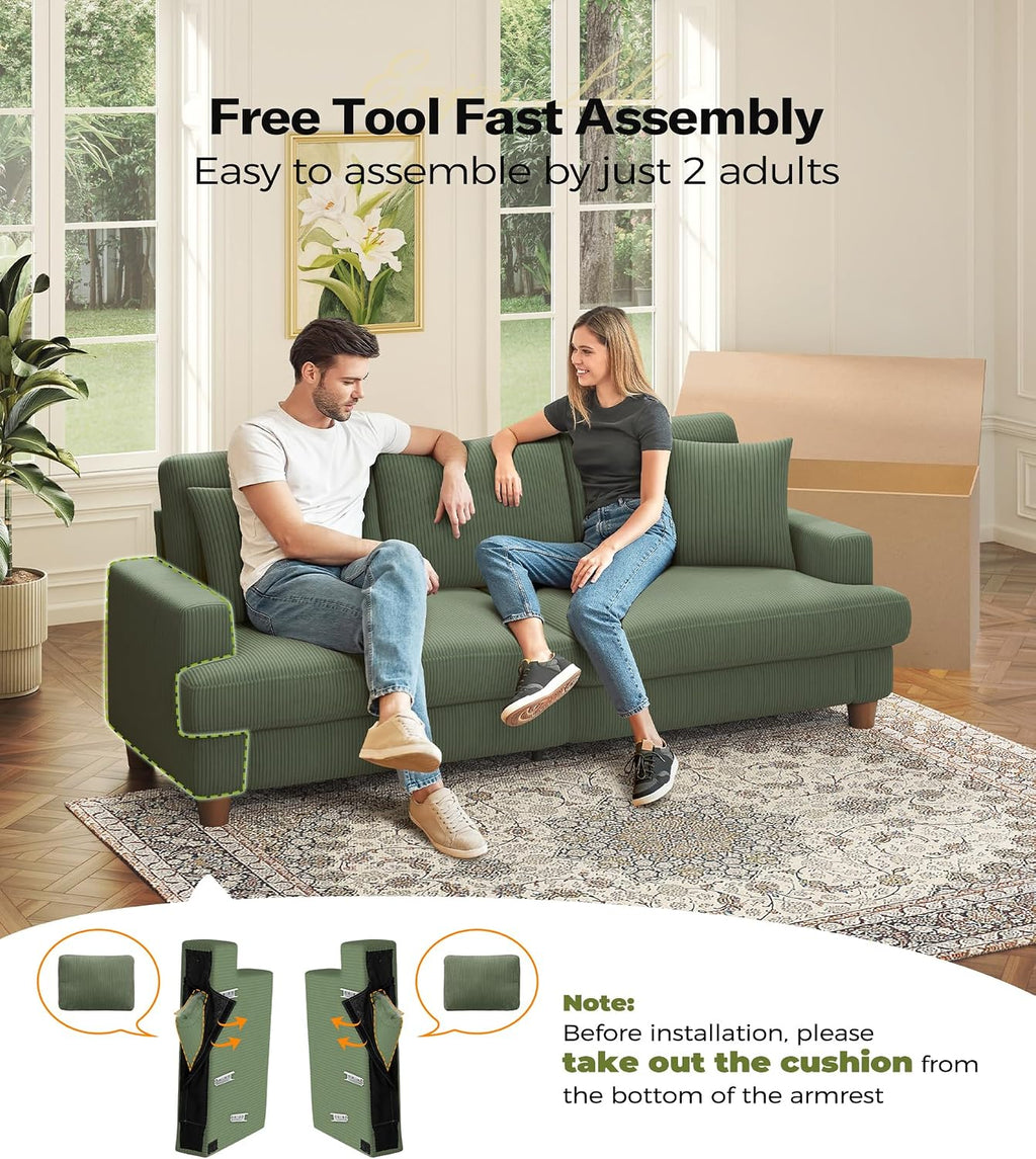 87in Corduroy Couch, Kidirect Sofa No Tool Assembly, Comfy Couches for Living Room 21in Deeper Seats, Corduroy Sofas for Living Room with 2 Pillows, Oversized Loveseat Sofa, Boho Love Seat Green Couch
