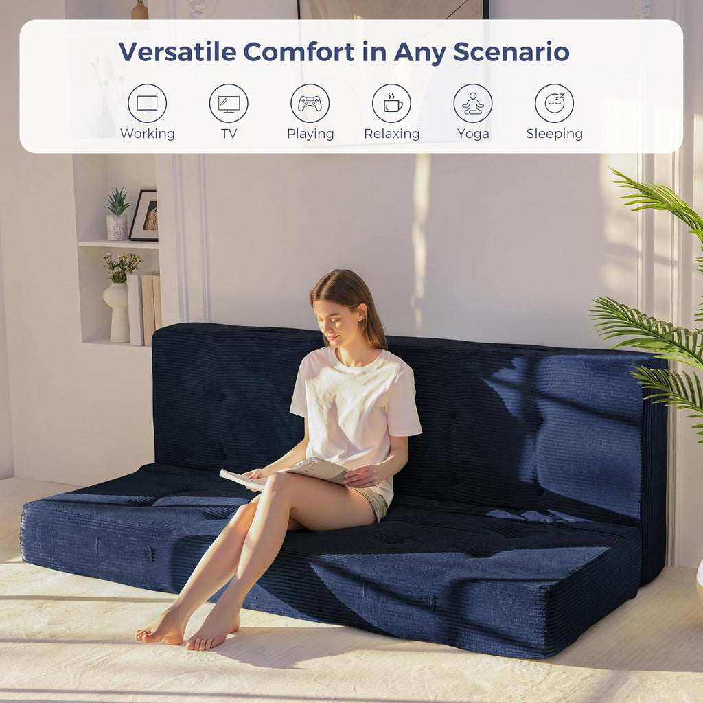 MAXYOYO 8' Foldable Floor Sofa Bed, Tufted Foldable Couch Bed Thick Folding Mattress with Handles, Versatile Folding Sofa Couch for Floor Sleeping, Living Room & Guest Room, Navy