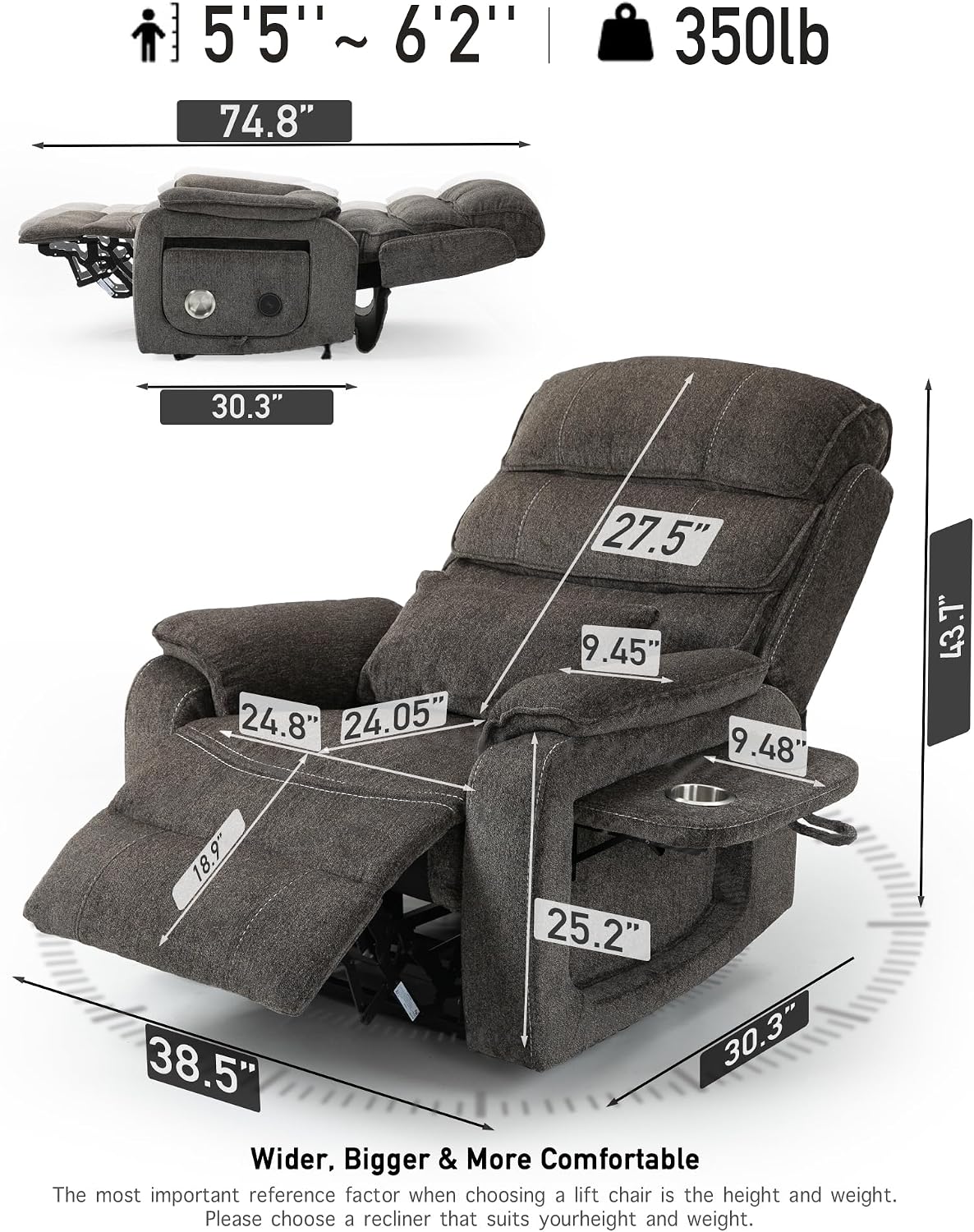 Large Power Lift Lazy Boy Recliner Chair with Heated and Massage, Upgraded Dual Motor Lay Flat Recliners, 25in Extra Wide Seat, Cup Holder, Side Pocket