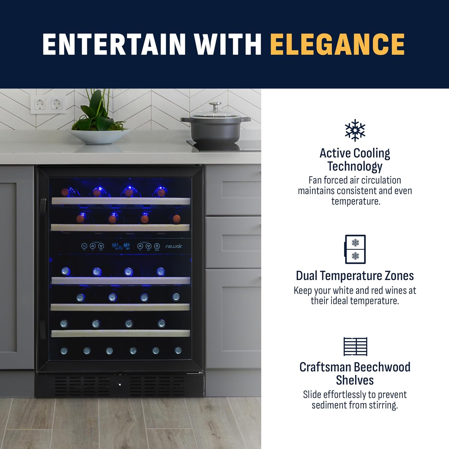 NewAir 24' Dual Zone Wine Fridge for 46 Bottles | Built-In or Freestanding Wine Cooler Refrigerator with Glass Door | Quiet Cooling & Adjustable Shelves for Red and White Wine | Black Stainless Steel