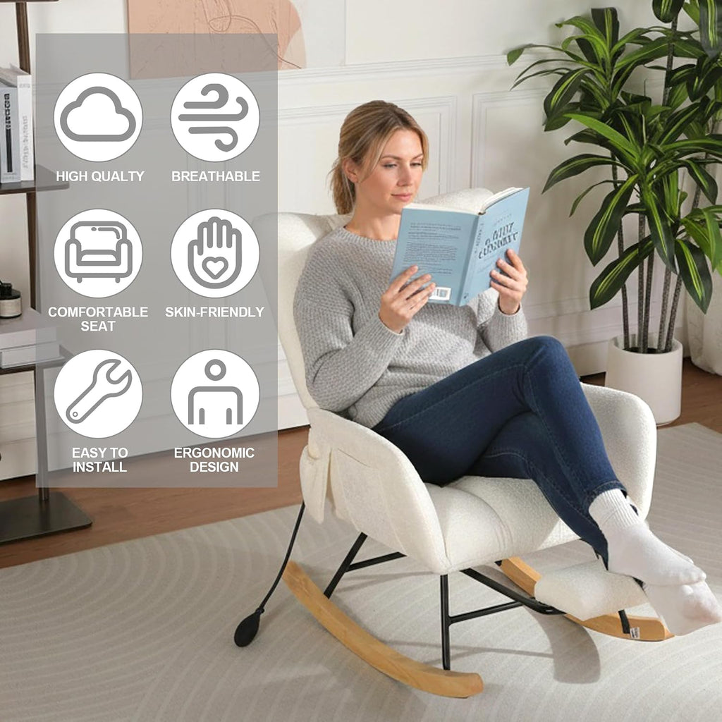 Rocking Chair Nursery with Airbag, Comfy Modern Nursery Rocking Reading Chair Indoor with Footrest, Cozy Upholstered Glider Rocker Chairs for Living Room Bedroom Offices(Chenille, White)
