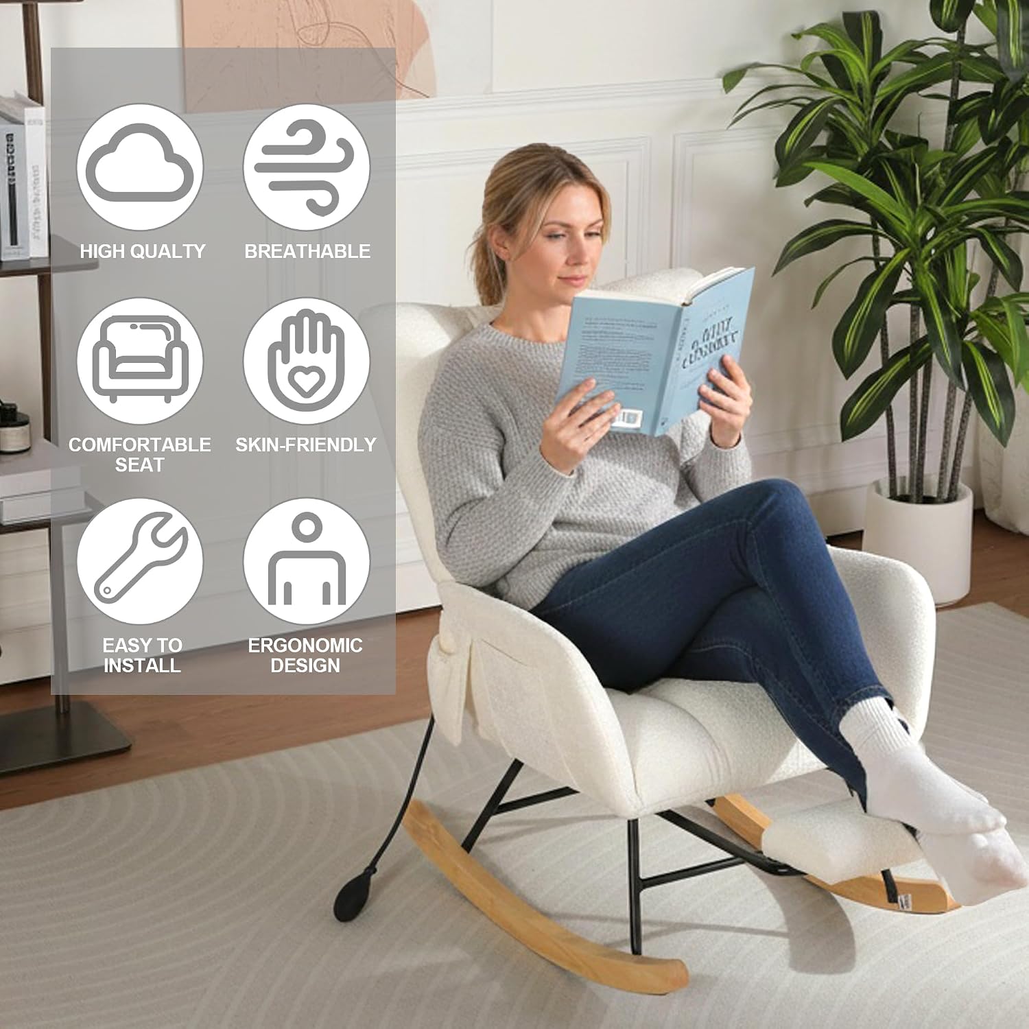 Rocking Chair Nursery with Airbag, Comfy Modern Nursery Rocking Reading Chair Indoor with Footrest, Cozy Upholstered Glider Rocker Chairs for Living Room Bedroom Offices(Chenille, White)