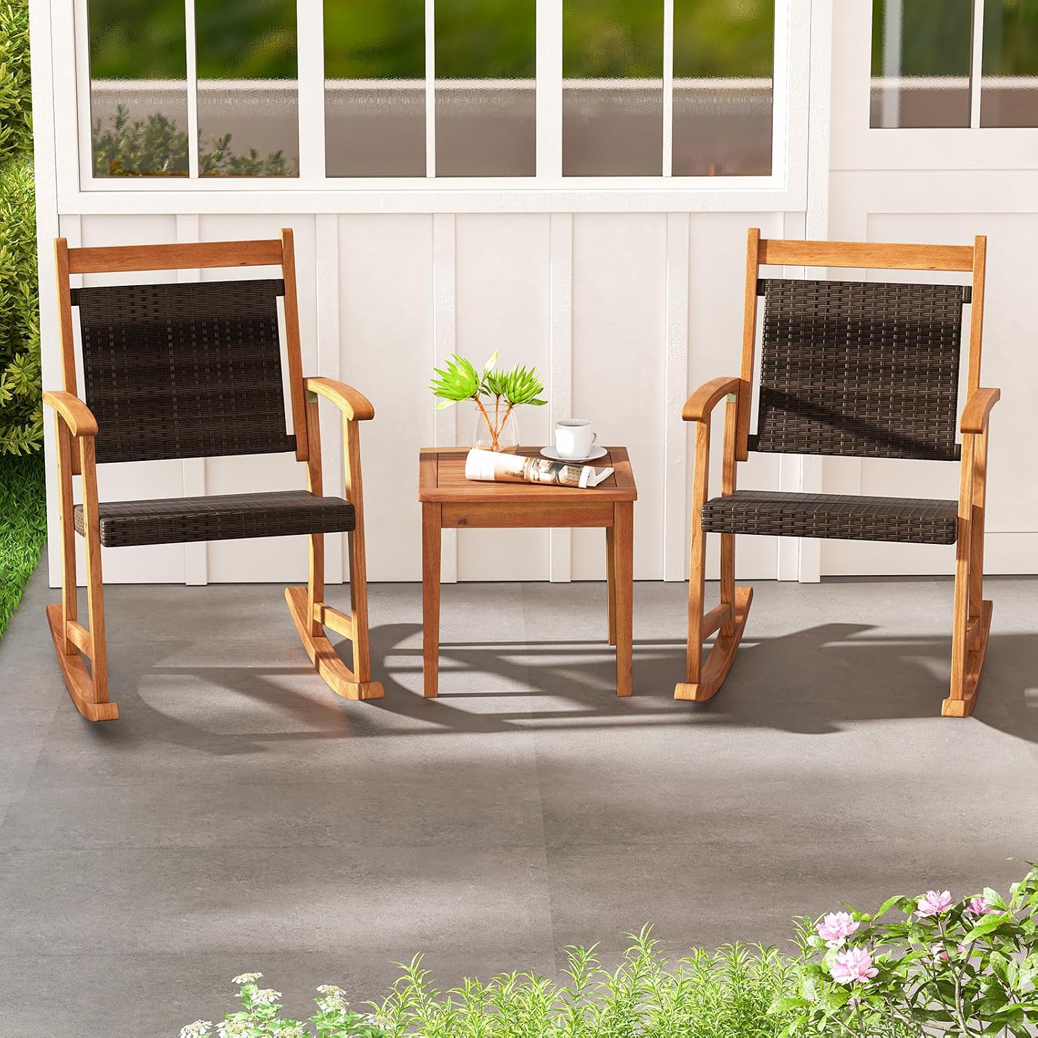 Tangkula 3 Pieces Patio Rocking Chair Set, Patiojoy Acacia Wood Rocker with Side Table, Outdoor Chairs with Wicker Rattan Seat & Backrest, Patio Bistro Set for Garden, Backyard, Poolside