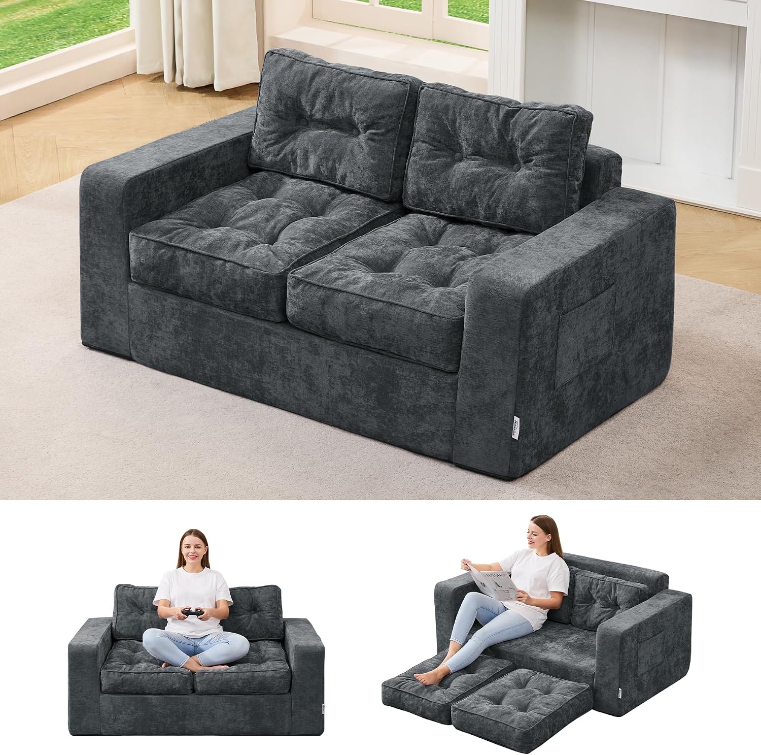 Hobestluk Sofa Couch Loveseat Sofa with Chenille Fabric 2-Seater Sofa for Small Spaces Comfortable Foam Floor Sofa 2 in 1 Boneless Couch for Living Room Bedroom (Blue Grey, Loveseat)