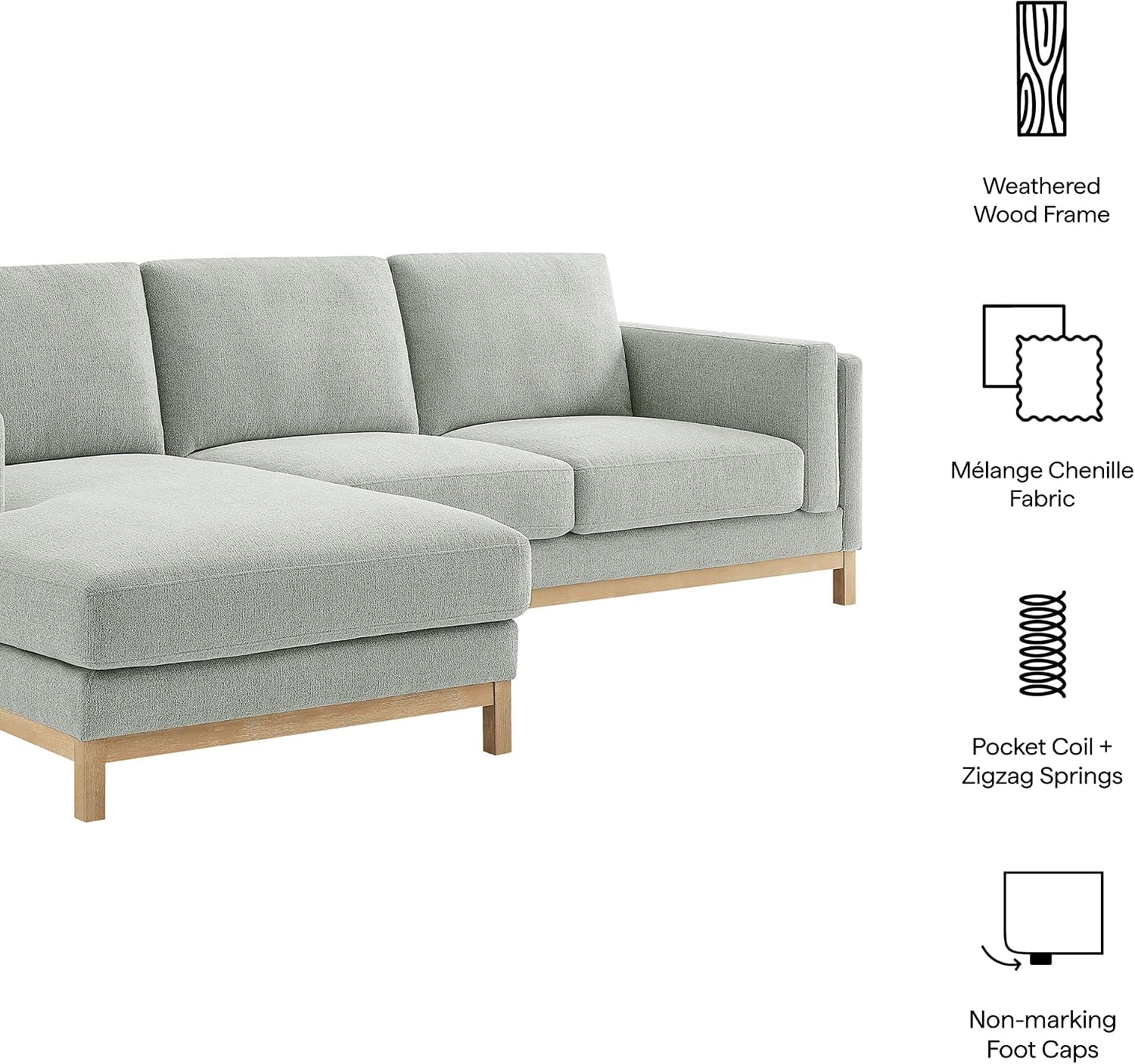 Modway Roscoe Left-Facing Sectional Sofa with Chaise in Mist - 2-Piece Mélange Chenille Fabric Deep Seat Couch, L Shaped Modular for Living Room or Lounge