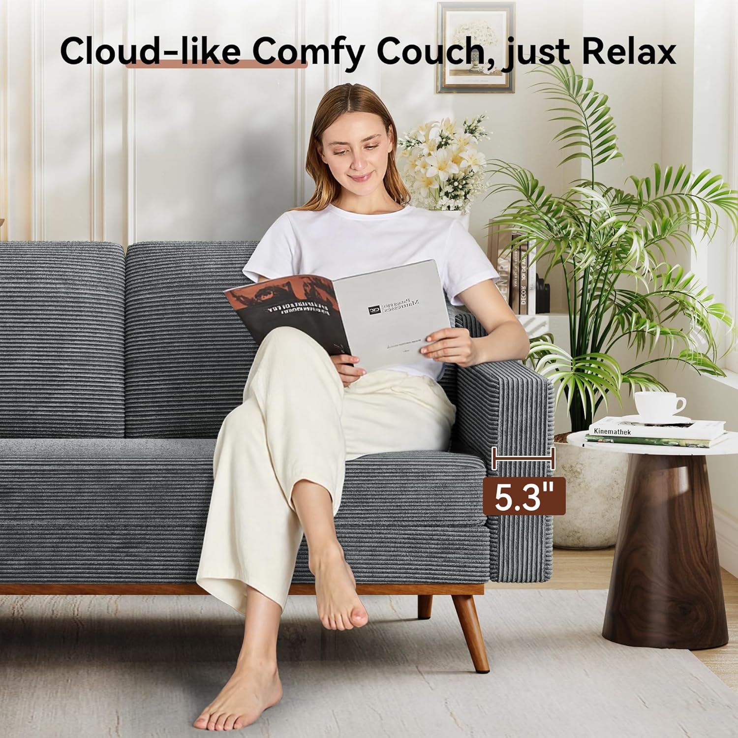 Vipbear 65.4' Loveseat Sofa Grey Corduroy Couch, Mid-Century Modern Small Couches for Living Room, Bedroom, Office, Comfy Sofa with Spring Cushion, Solid Wood Frame, Tool-Free Assembly